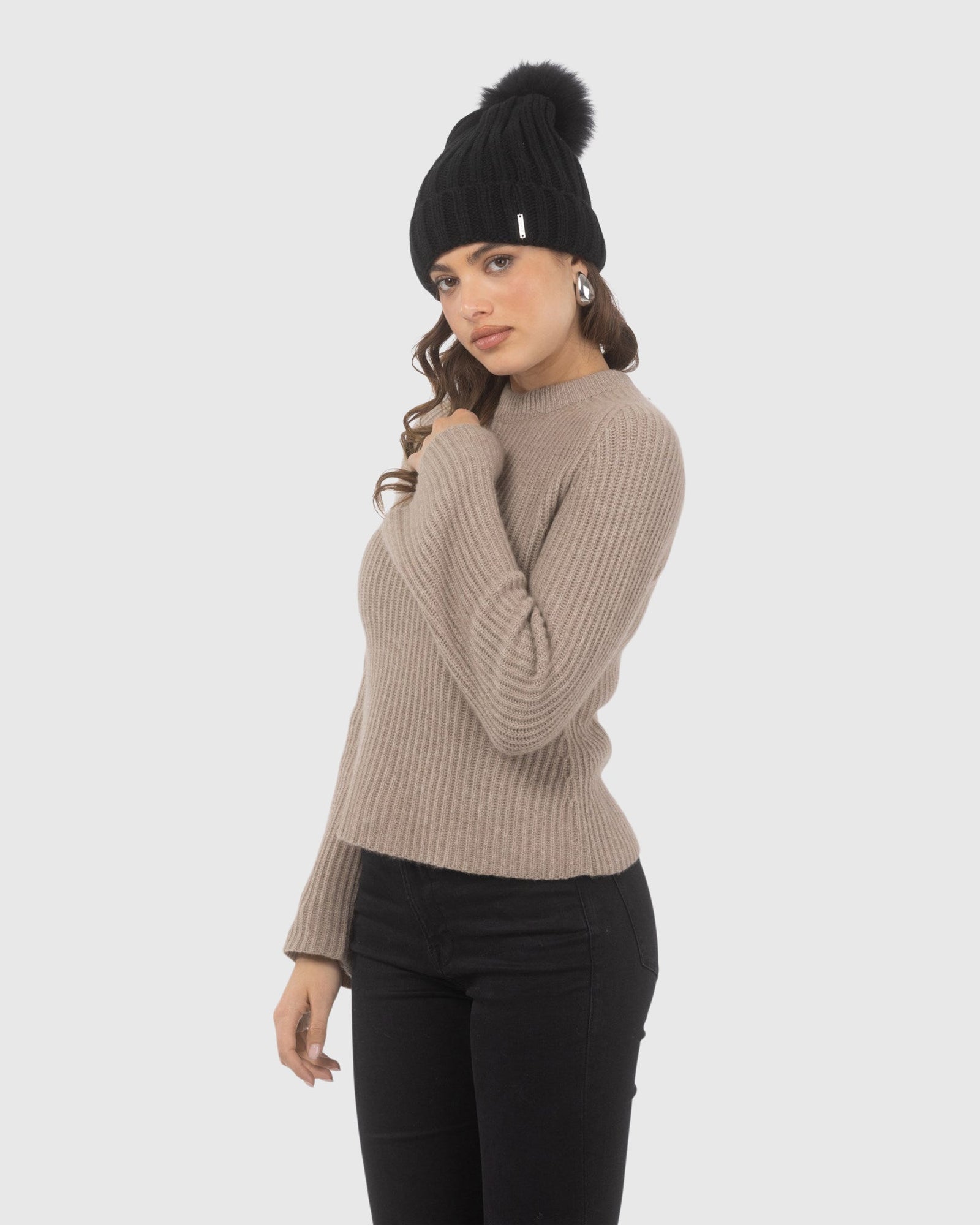 Knit Hat with Select Lamb Pom | Black/Black