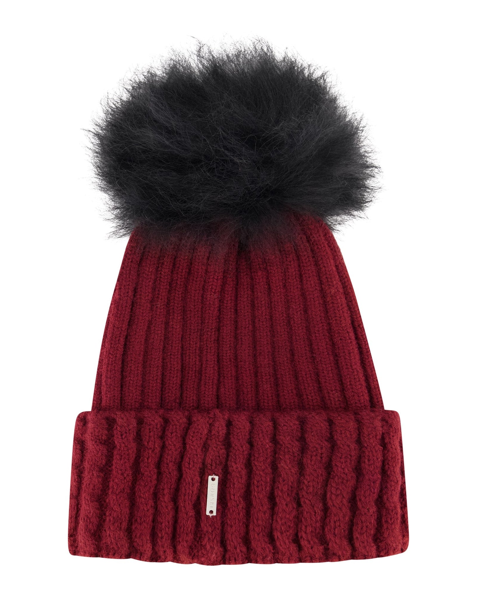 Knit Hat With Toscana Shearling Lamb Pompom | Women | Red x Black