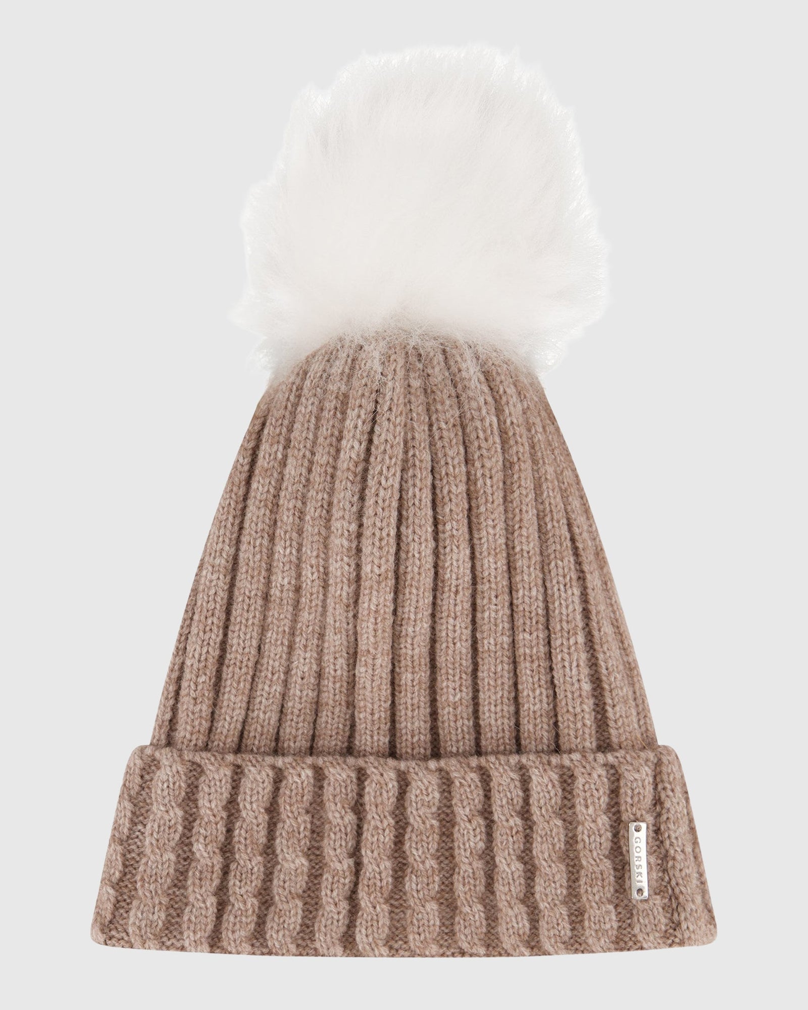 Knit Hat with Toscana Shearling Lamb Pompom | Taupe/White