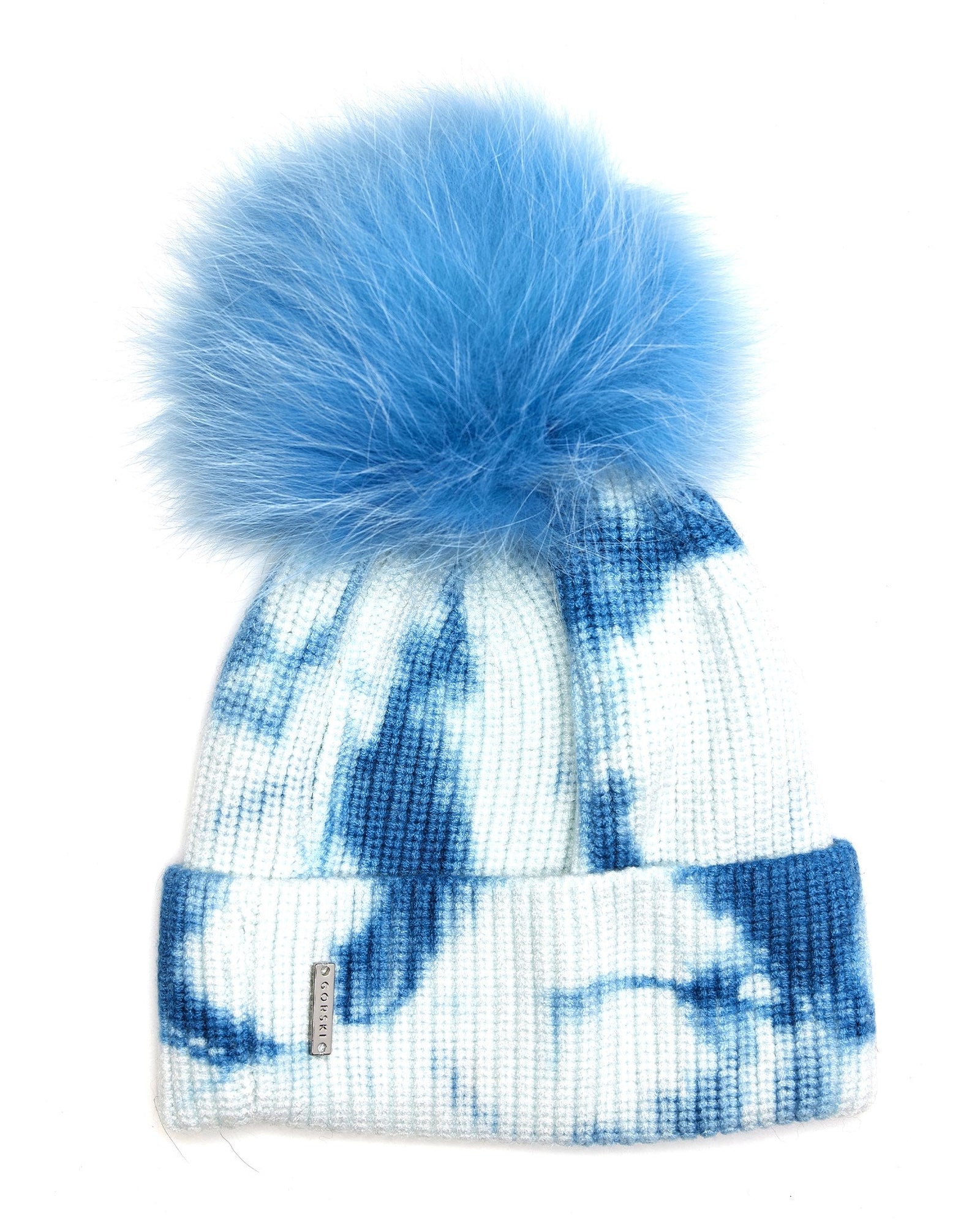 Knit Hat with Toscana Shearling Lamb Pompom | Blue Tie Dye/Blue