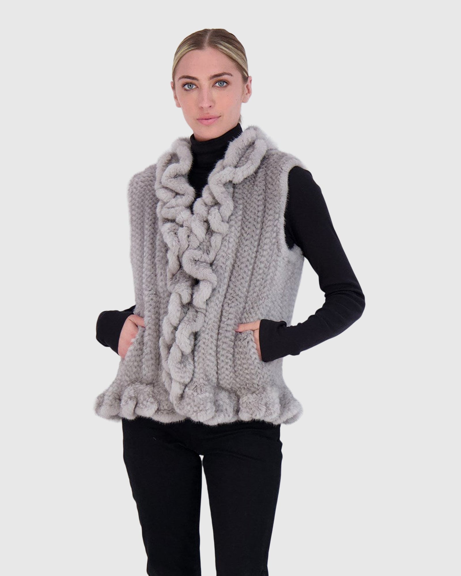 Knit Mink Ruffle Vest | Sapphire