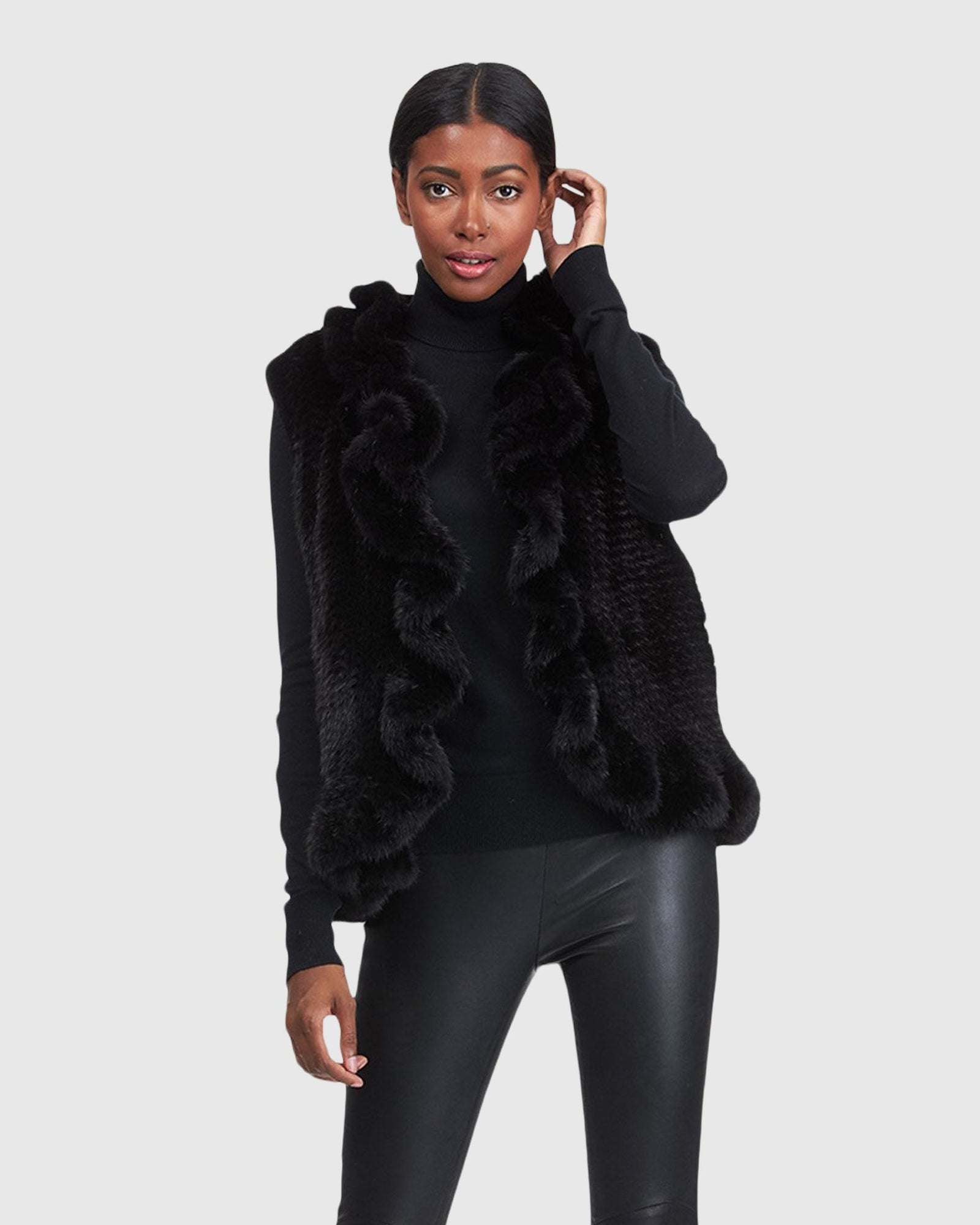 Knit Mink Ruffle Vest | Black