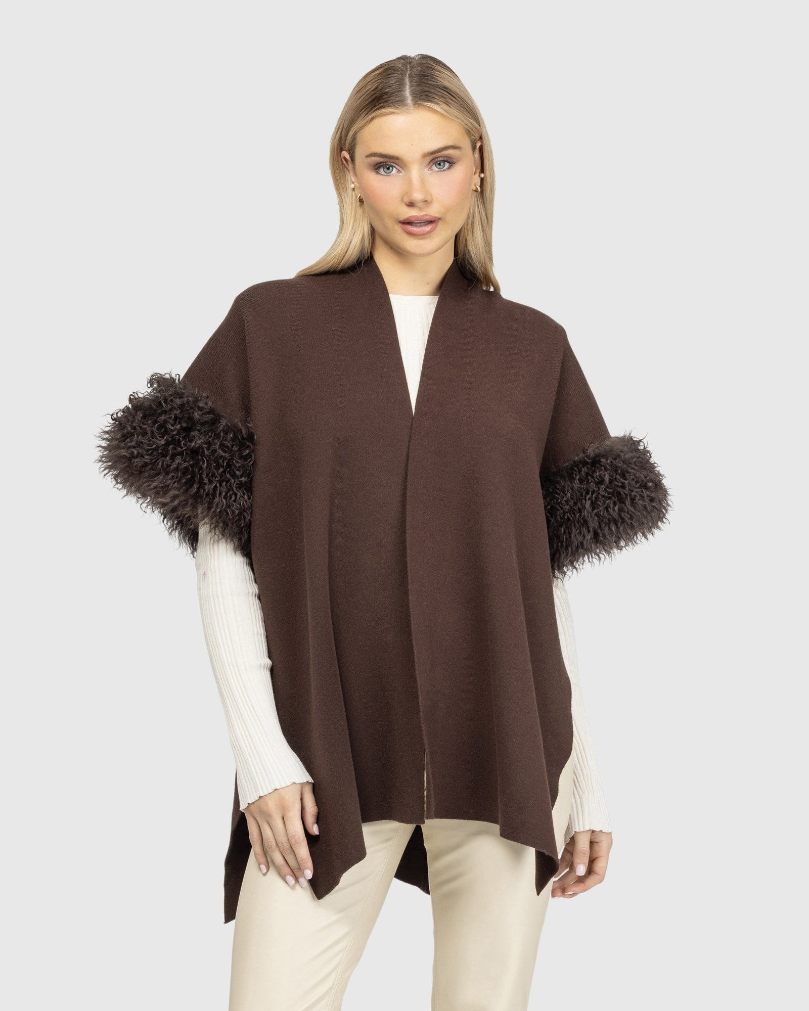 Knit Vest With Select Mongolian Shearling Lamb Trim (Tg) | Brown