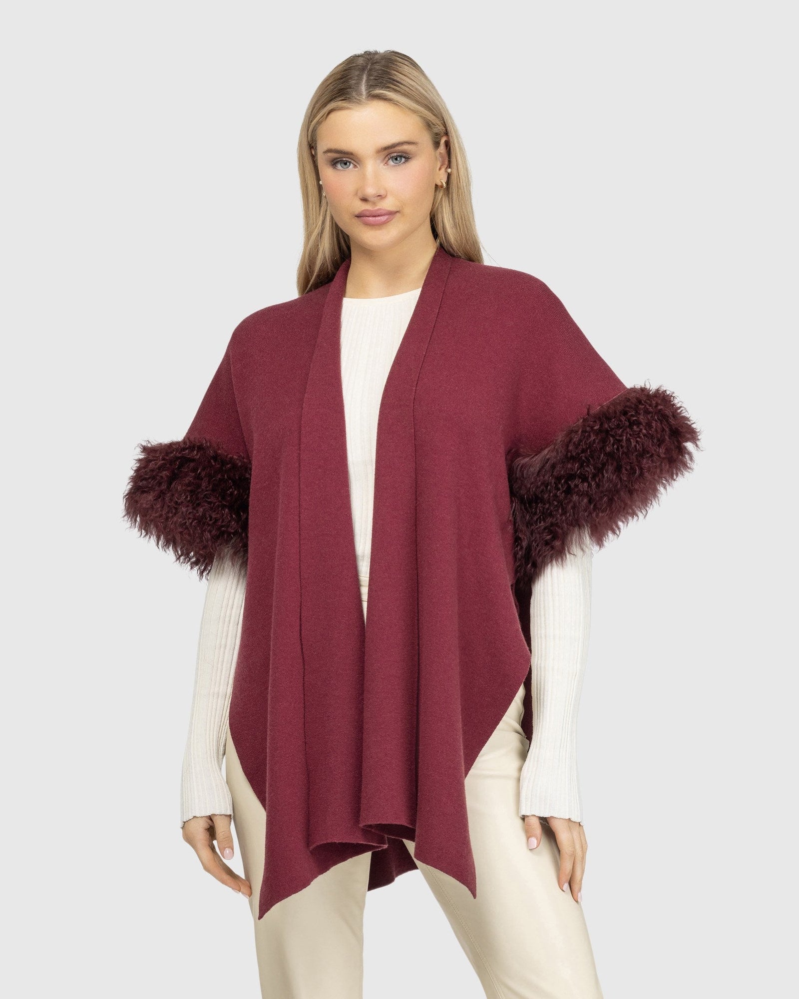 Knit Vest With Select Mongolian Shearling Lamb Trim (Tg) | Burgundy