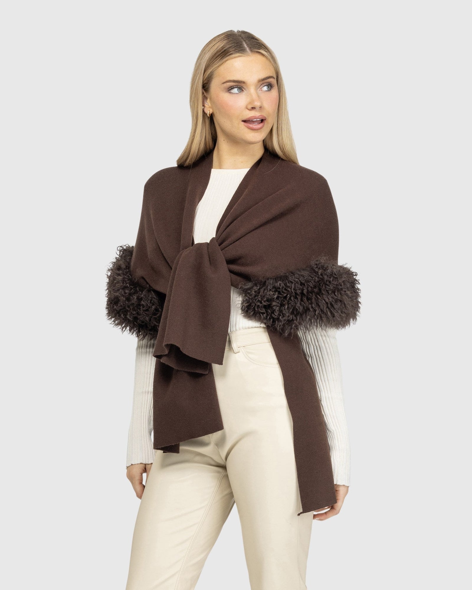 Knit Vest With Select Mongolian Shearling Lamb Trim (Tg) | Brown