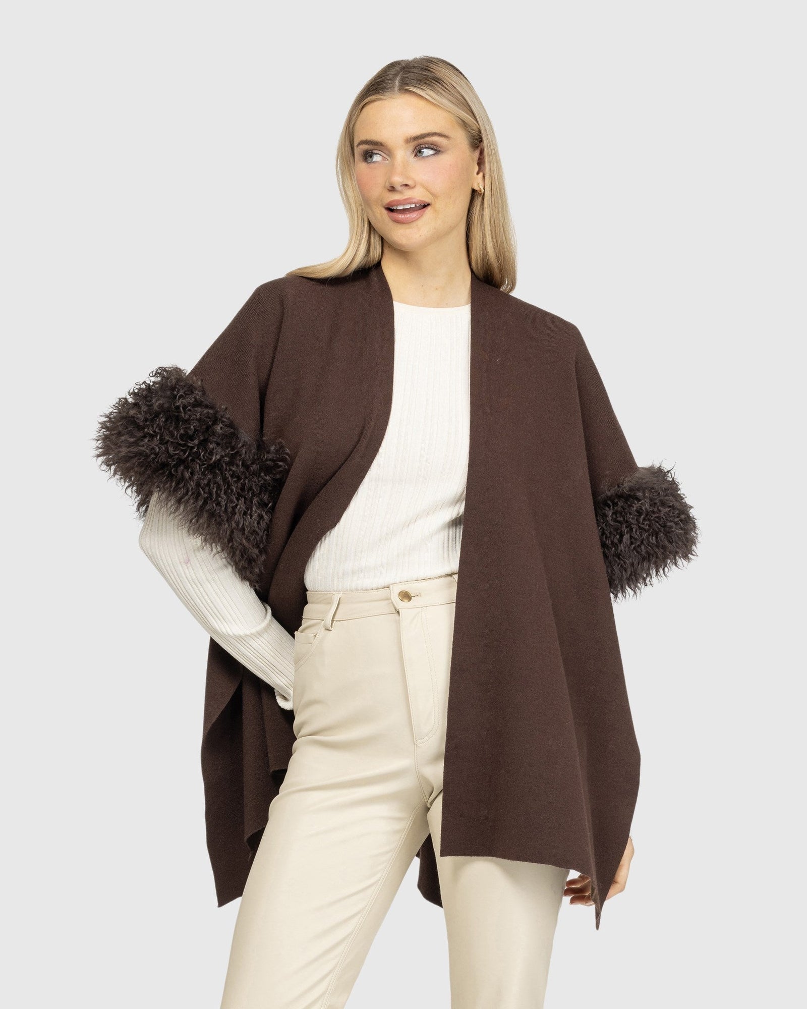 Knit Vest With Select Mongolian Shearling Lamb Trim (Tg) | Brown