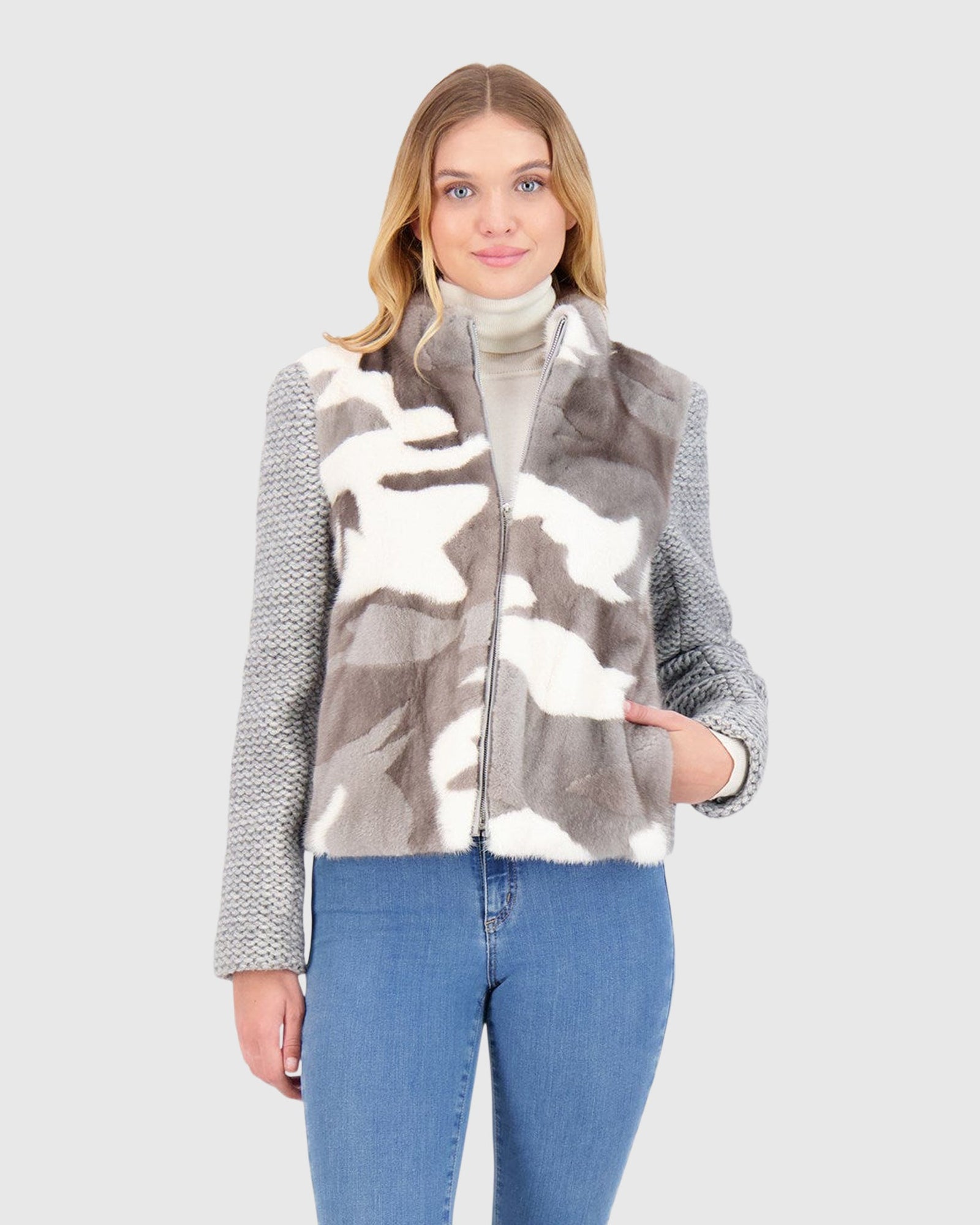 Knit Wool Jacket With Mink Front | Gray Military