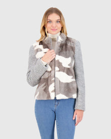 Knit Wool Jacket With Mink Front | Gray Military