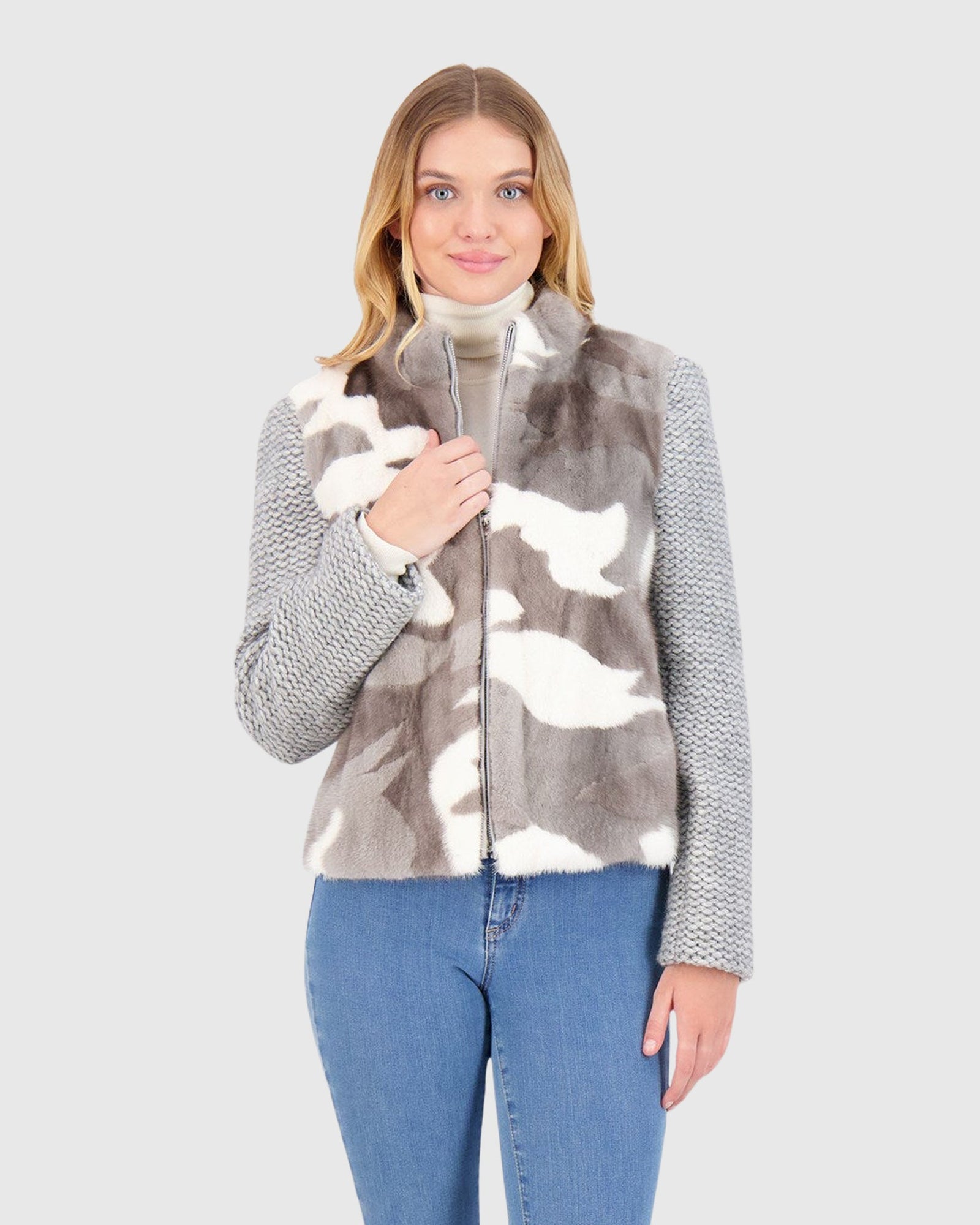 Knit Wool Jacket With Mink Front | Gray Military