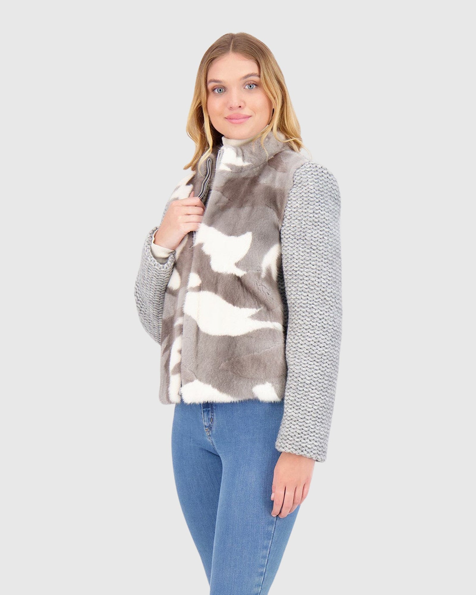 Knit Wool Jacket With Mink Front | Gray Military