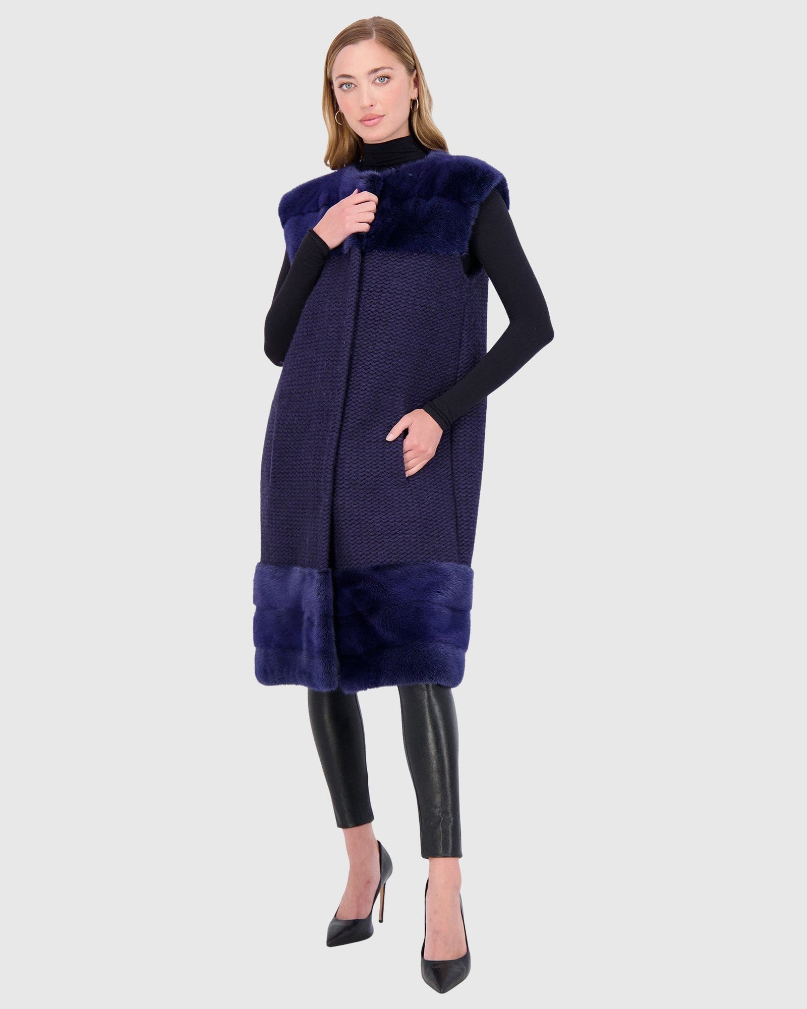 Knit Wool Vest With Mink Trim | Admiral Blue