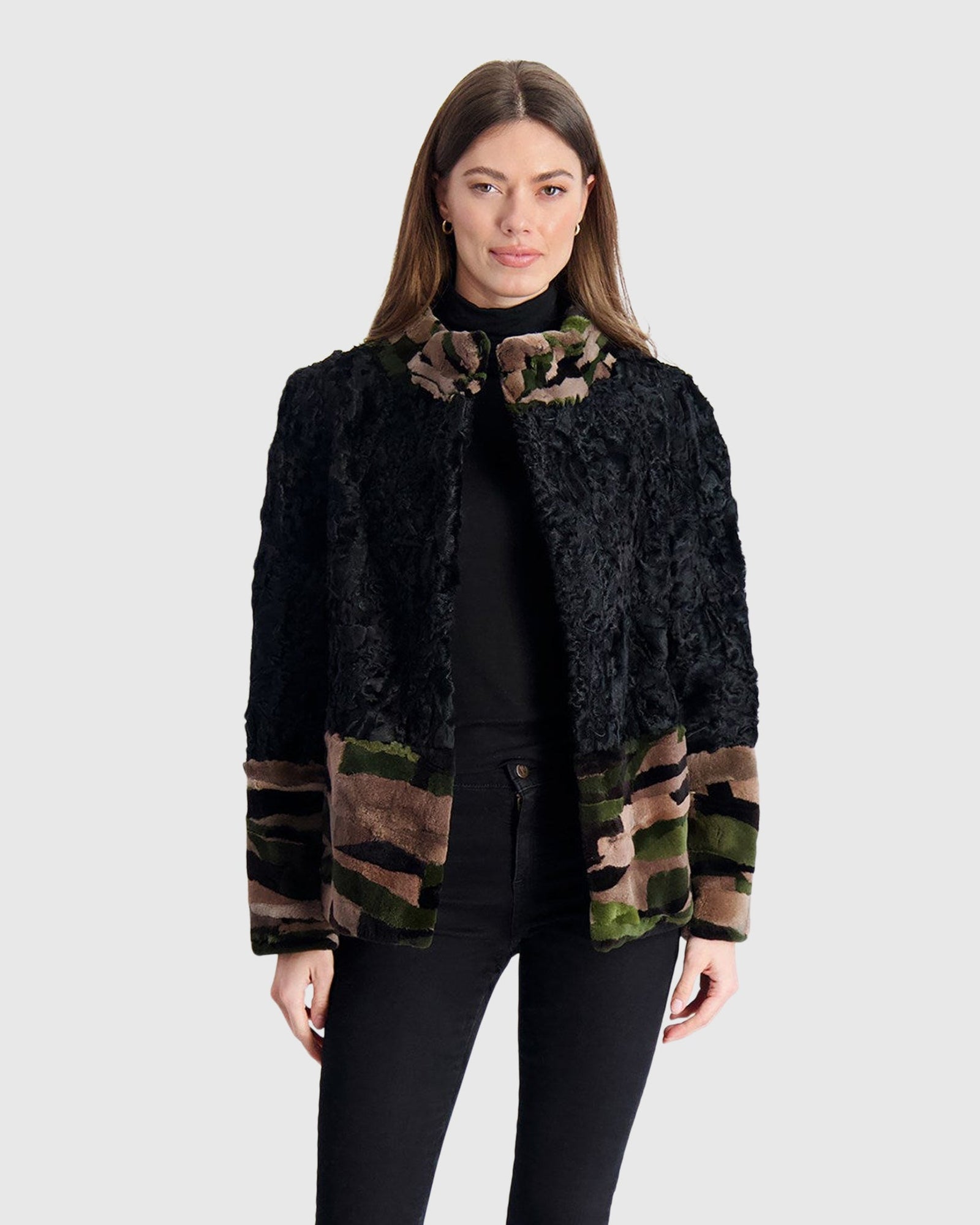 Lamb And Mink Sections Jacket | Black/Camoflage