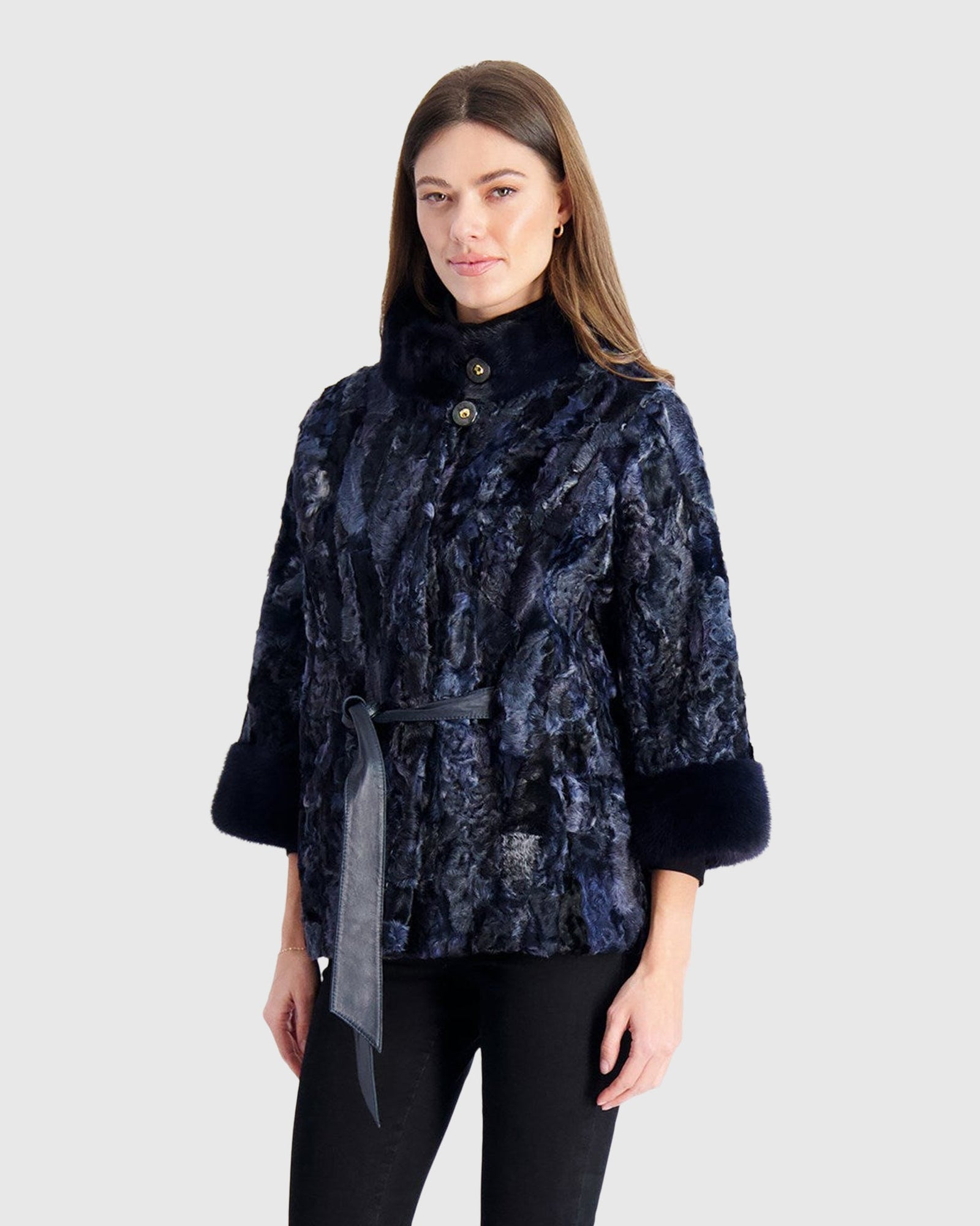 Lamb Jacket With Mink Stand Collar | Sky Blue