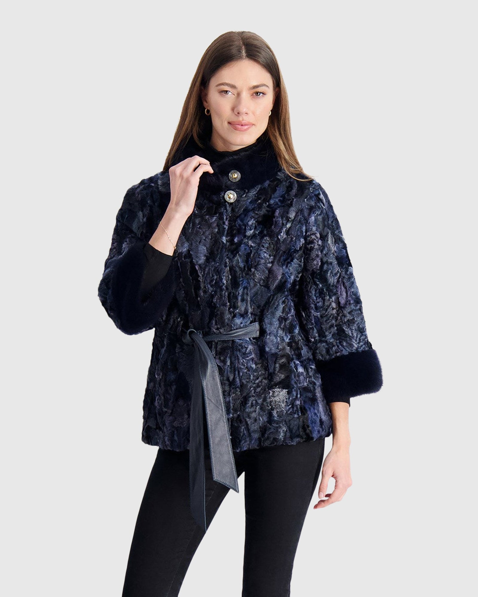 Lamb Jacket With Mink Stand Collar | Sky Blue