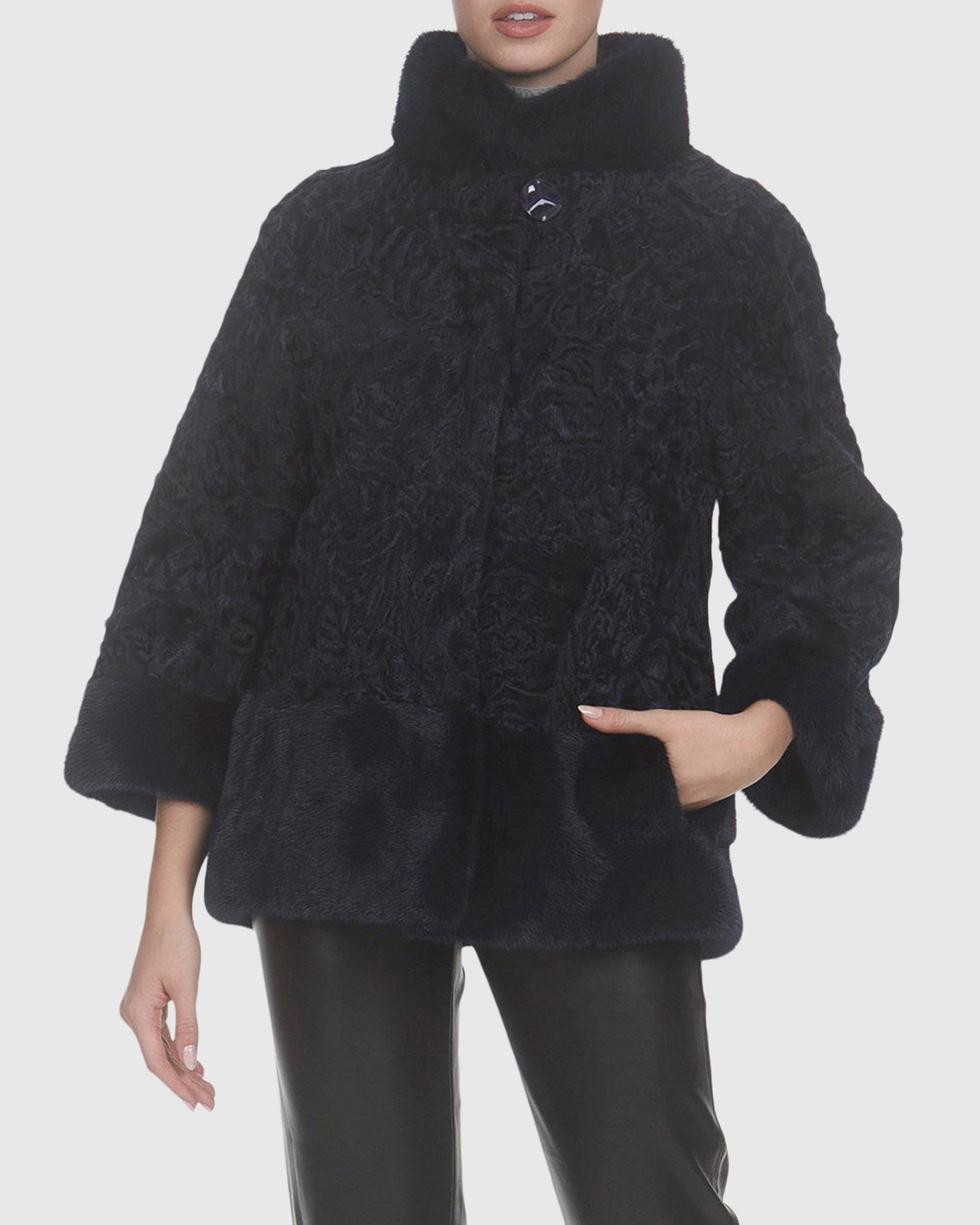 Lamb Sections Jacket With Mink Trim | Dark Blue