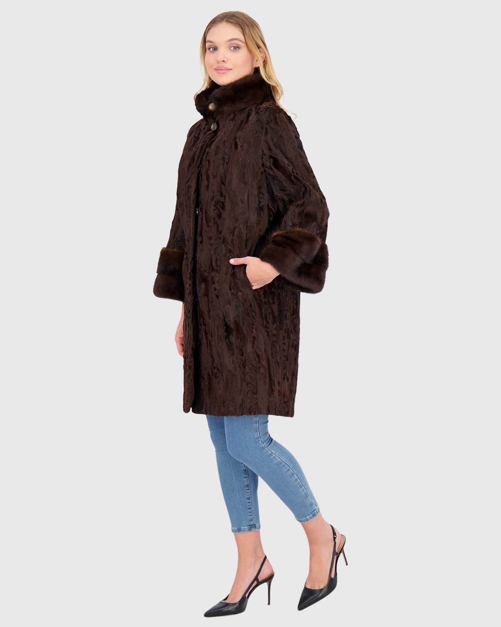 Lamb Sections Short Coat With Mink Stand Collar | Brown