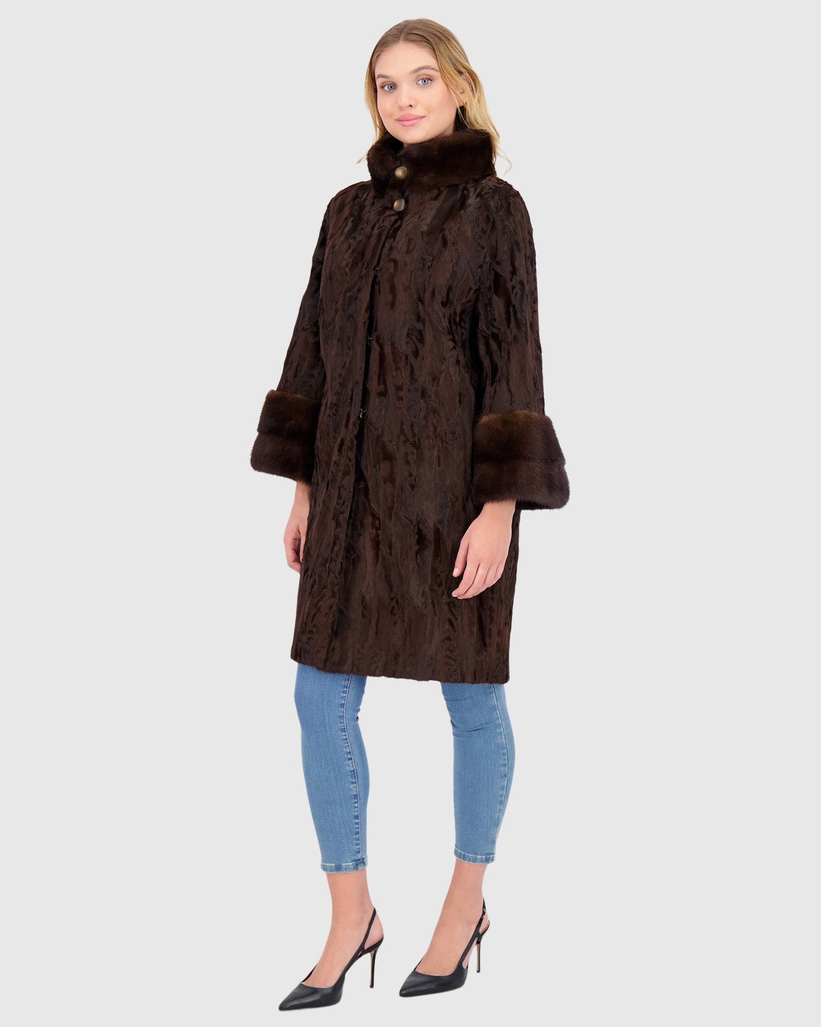 Lamb Sections Short Coat With Mink Stand Collar | Brown