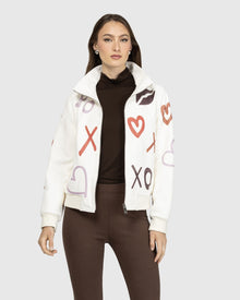 Leather Bomber Jacket | White/Xo Multi