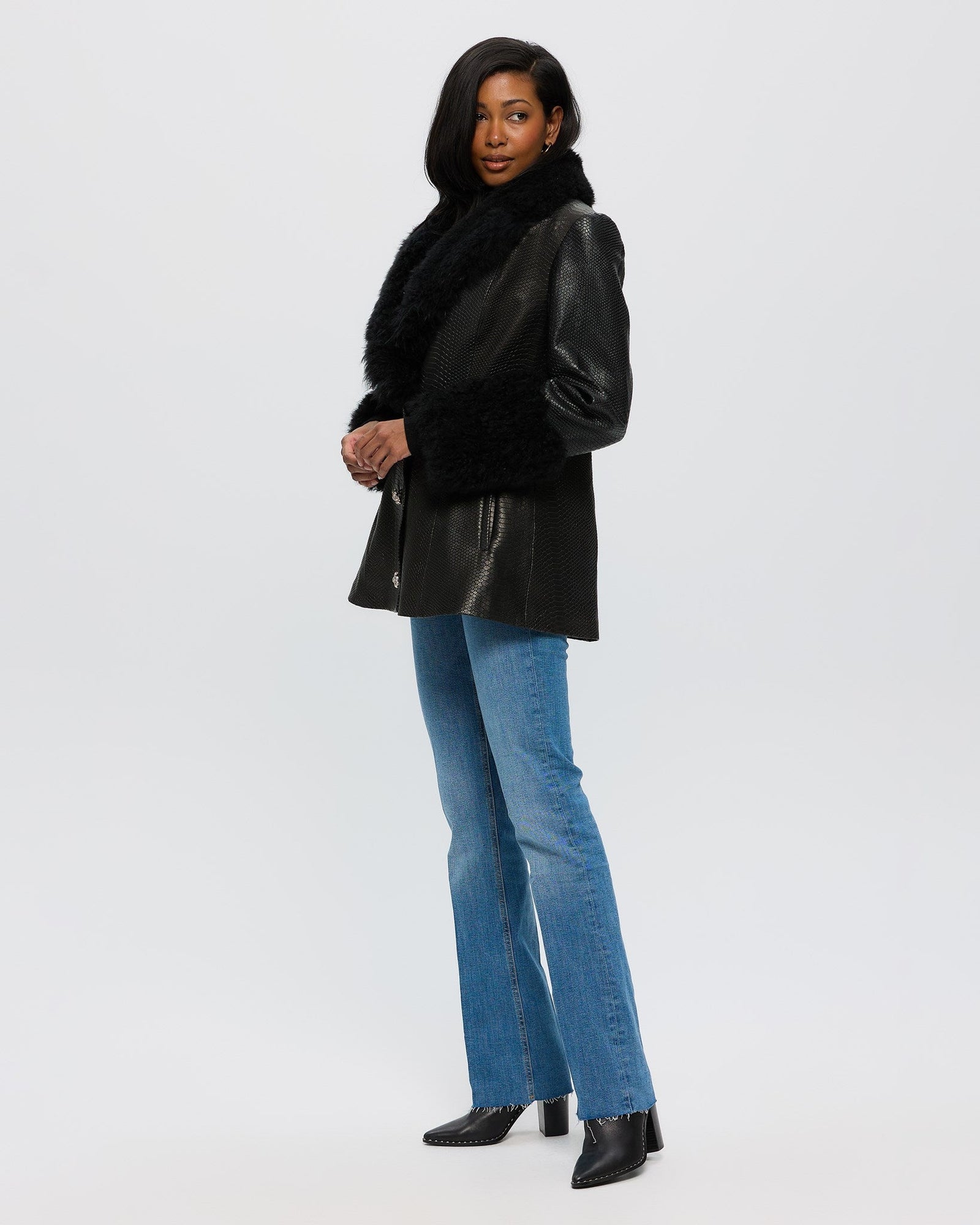 Leather Jacket With Cashmere Goat Shawl Collar & Cuffs | Women | Black