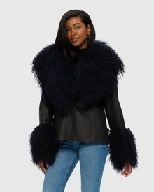 Leather Jacket With Mongolian Goat Shawl Collar & Cuffs | Black/Dark Blue