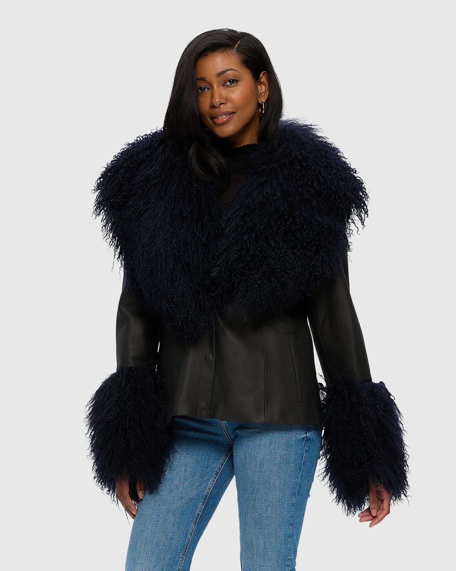 Leather Jacket With Mongolian Goat Shawl Collar & Cuffs | Black/Dark Blue