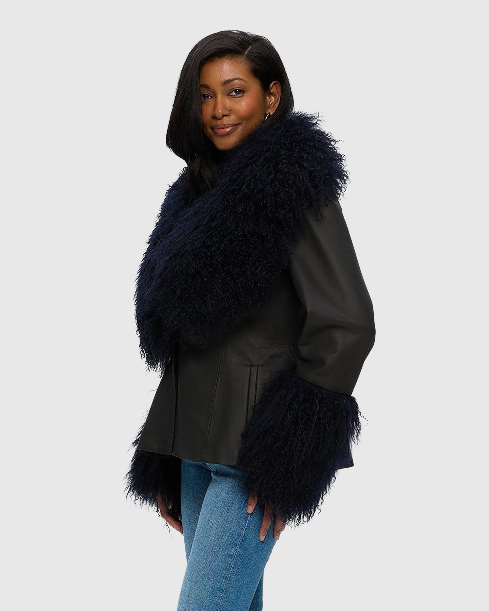 Leather Jacket With Mongolian Goat Shawl Collar & Cuffs | Black/Dark Blue