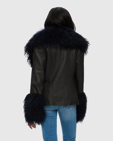 Leather Jacket With Mongolian Goat Shawl Collar & Cuffs | Black/Dark Blue