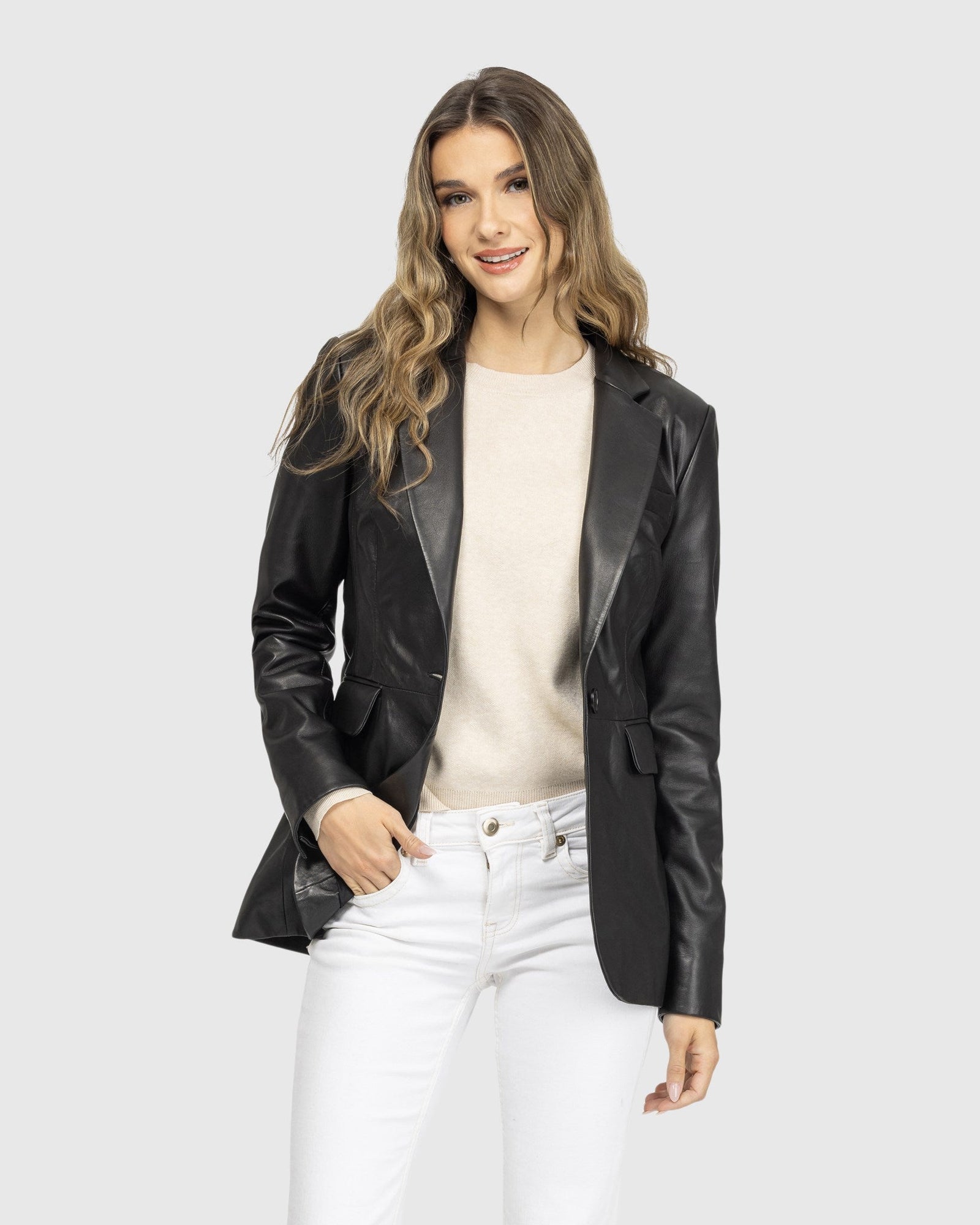 Leather Single Breasted Blazer | Black