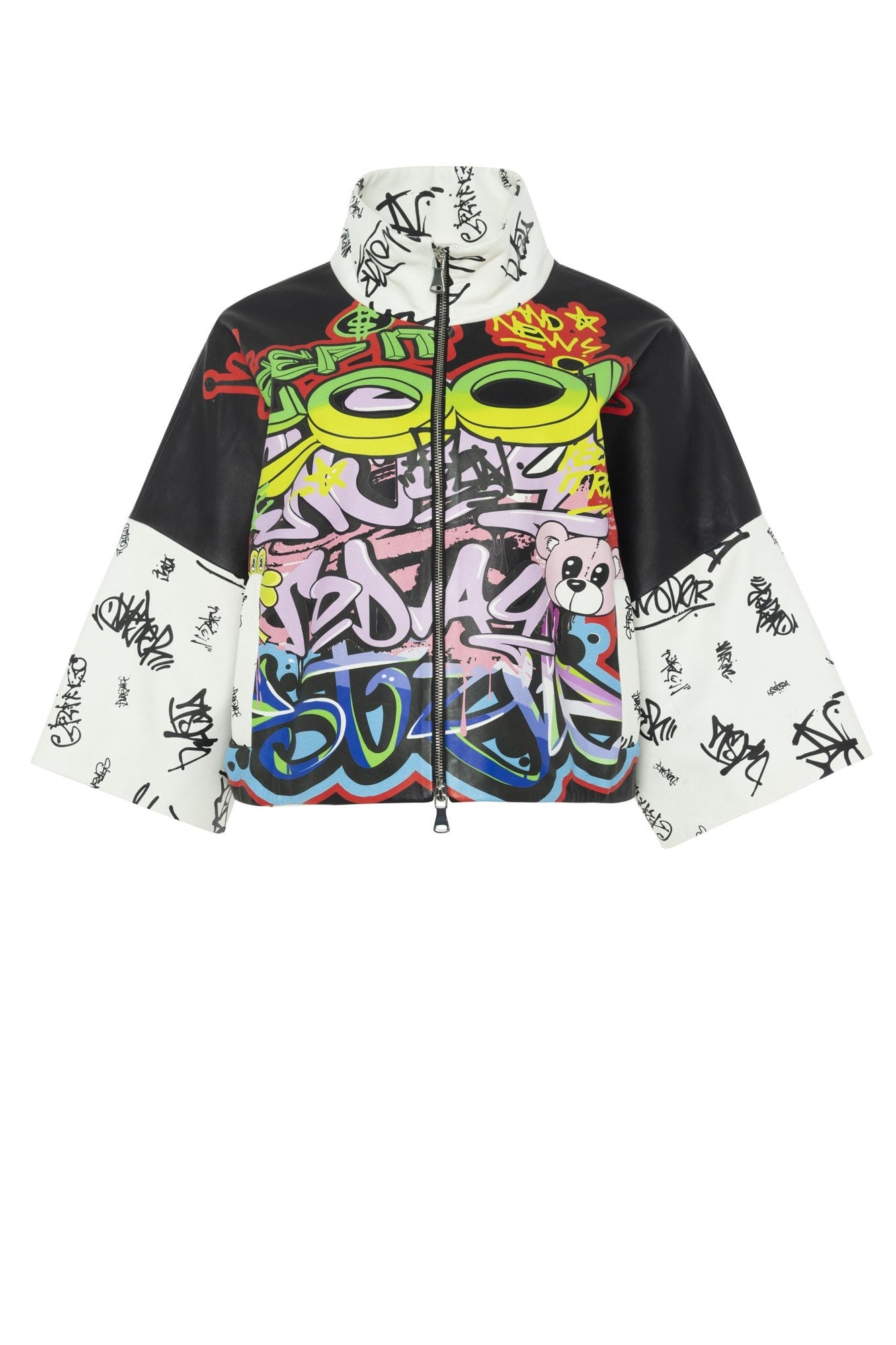 Leather Zip Jacket With Cropped Sleeves | Women | Graffiti Print