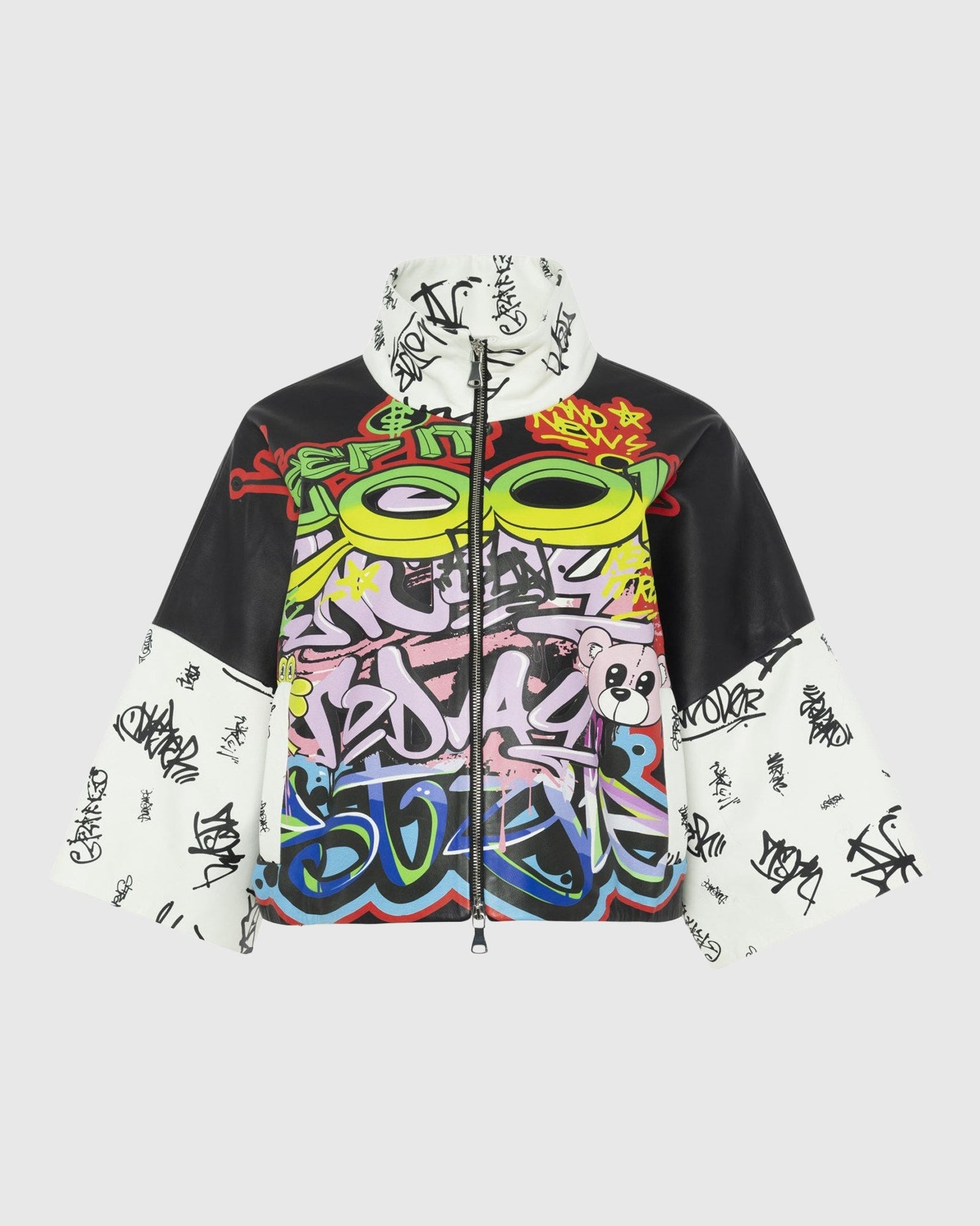 Leather Zip Jacket With Cropped Sleeves | Graffiti Print