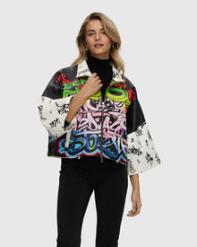 Leather Zip Jacket With Cropped Sleeves | Graffiti Print