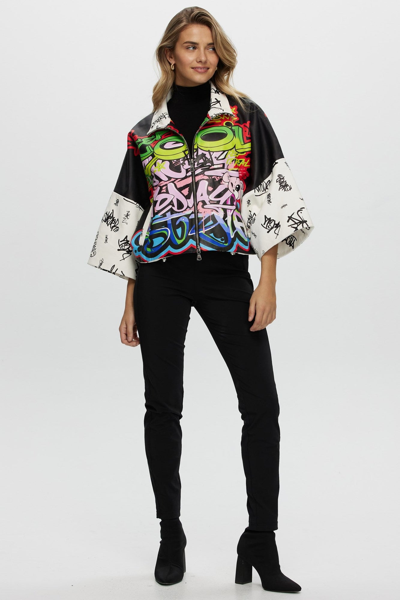 Leather Zip Jacket With Cropped Sleeves | Women | Graffiti Print