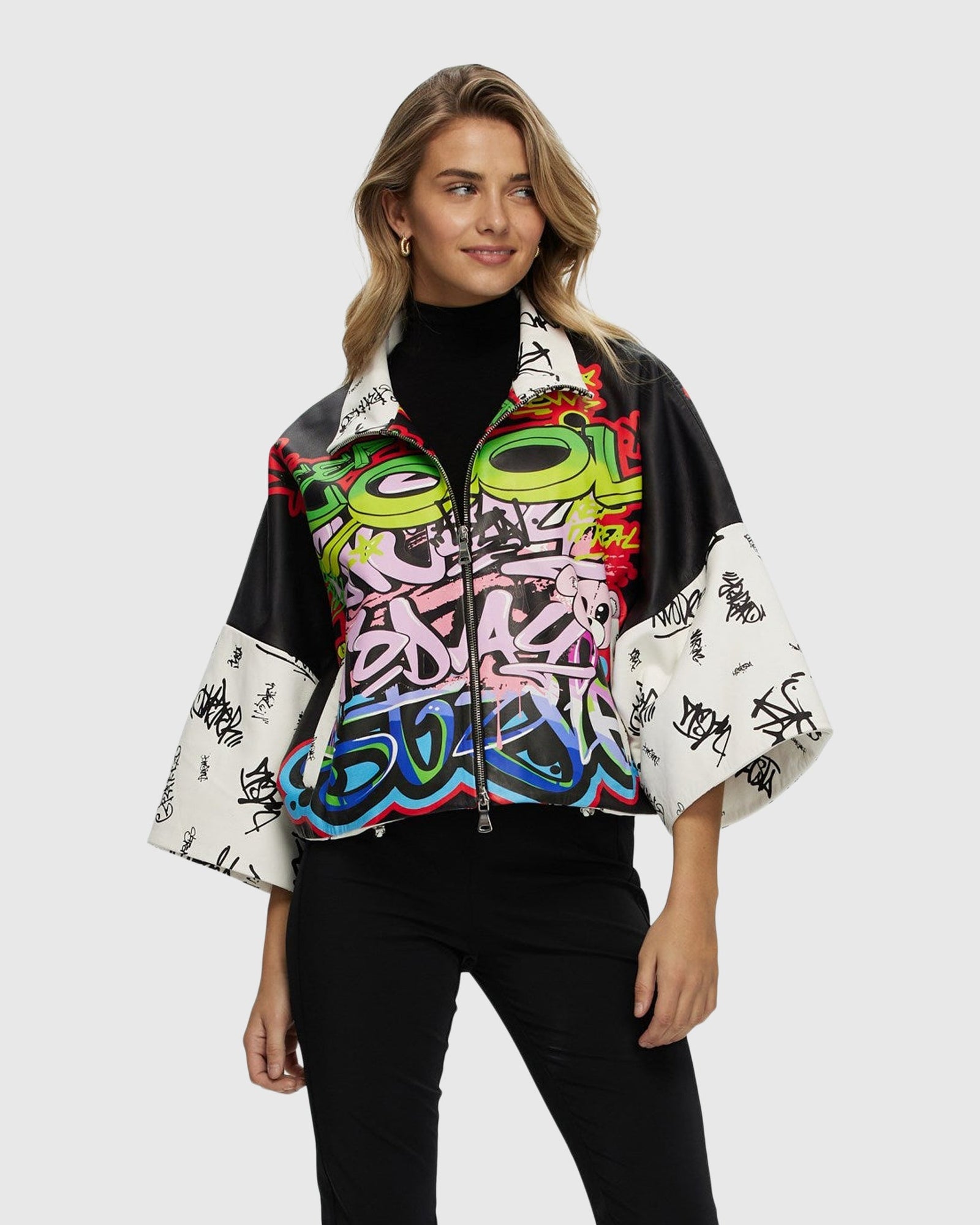 Leather Zip Jacket With Cropped Sleeves | Graffiti Print