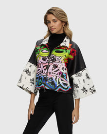 Leather Zip Jacket With Cropped Sleeves | Graffiti Print