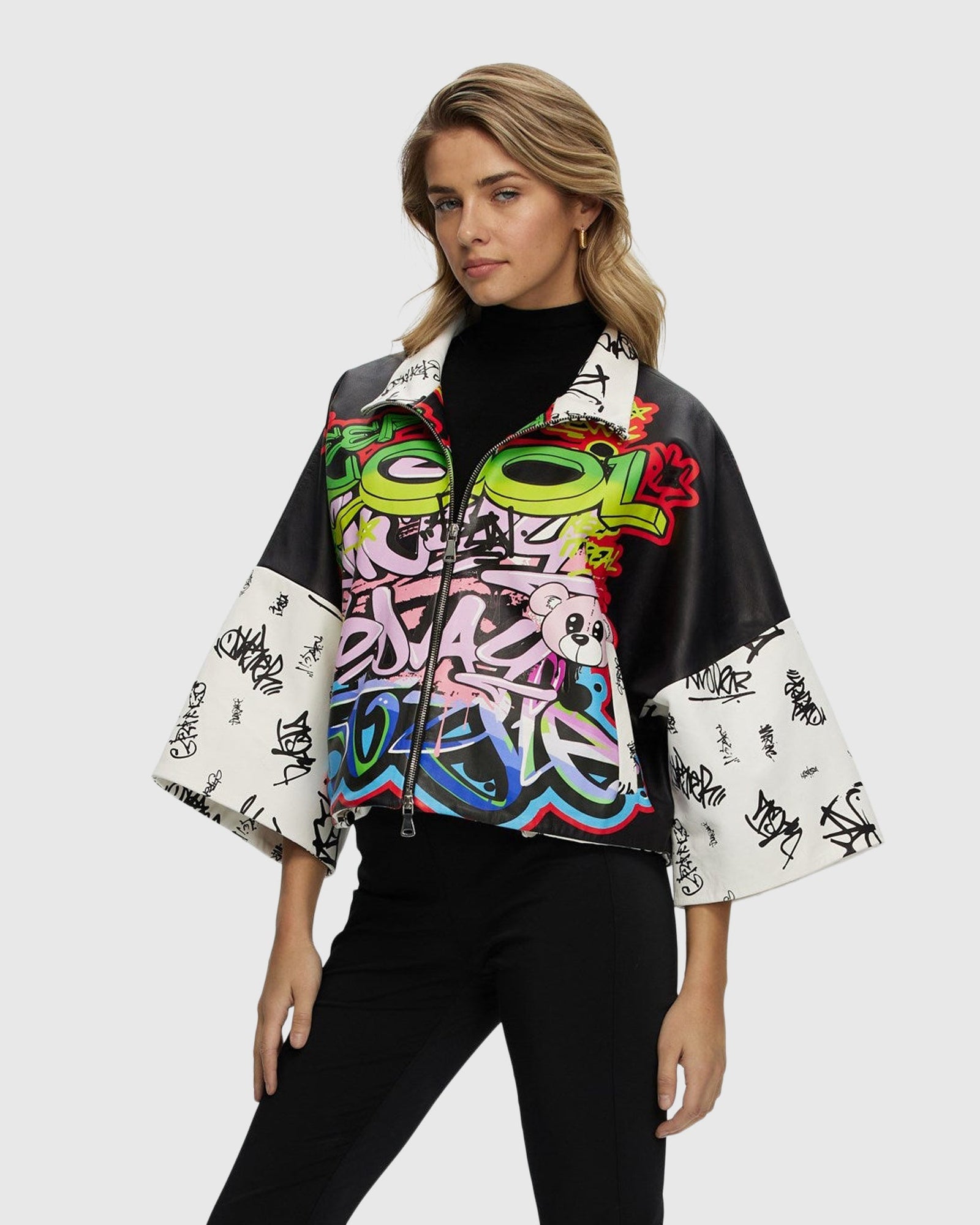 Leather Zip Jacket With Cropped Sleeves | Graffiti Print