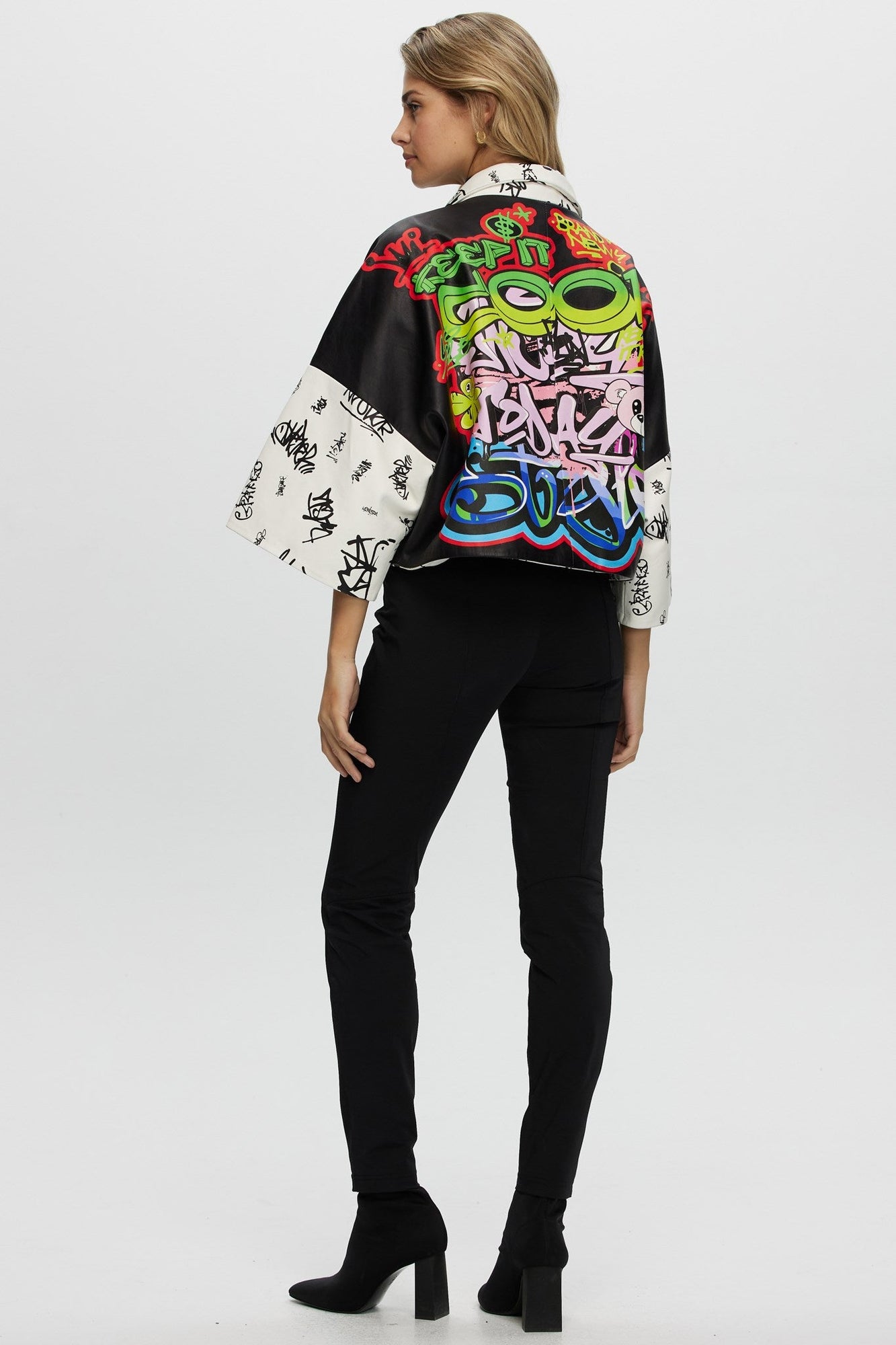 Leather Zip Jacket With Cropped Sleeves | Women | Graffiti Print