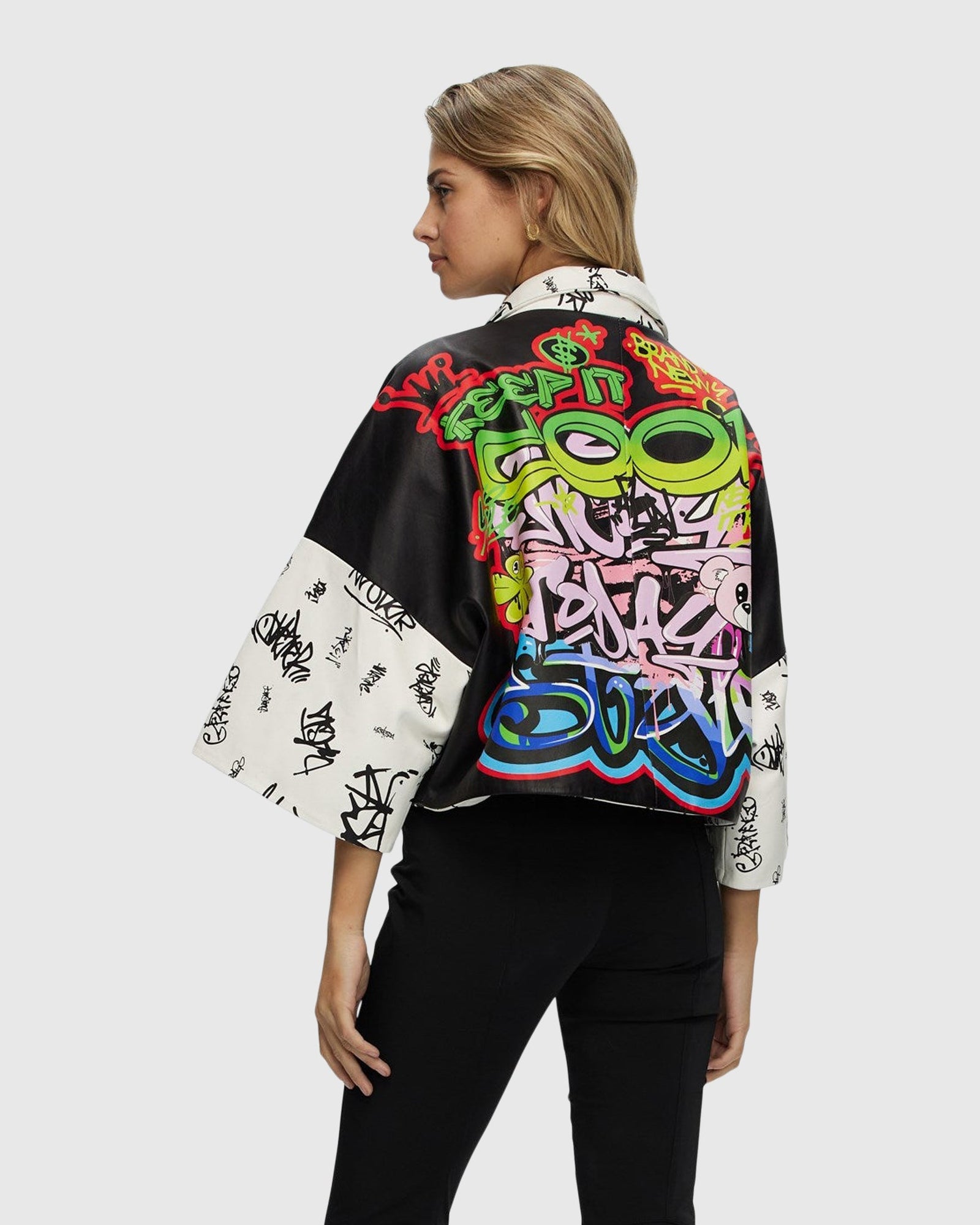 Leather Zip Jacket With Cropped Sleeves | Graffiti Print
