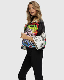 Leather Zip Jacket With Cropped Sleeves | Graffiti Print