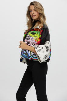 Leather Zip Jacket With Cropped Sleeves | Women | Graffiti Print