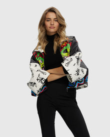 Leather Zip Jacket With Cropped Sleeves | Graffiti Print