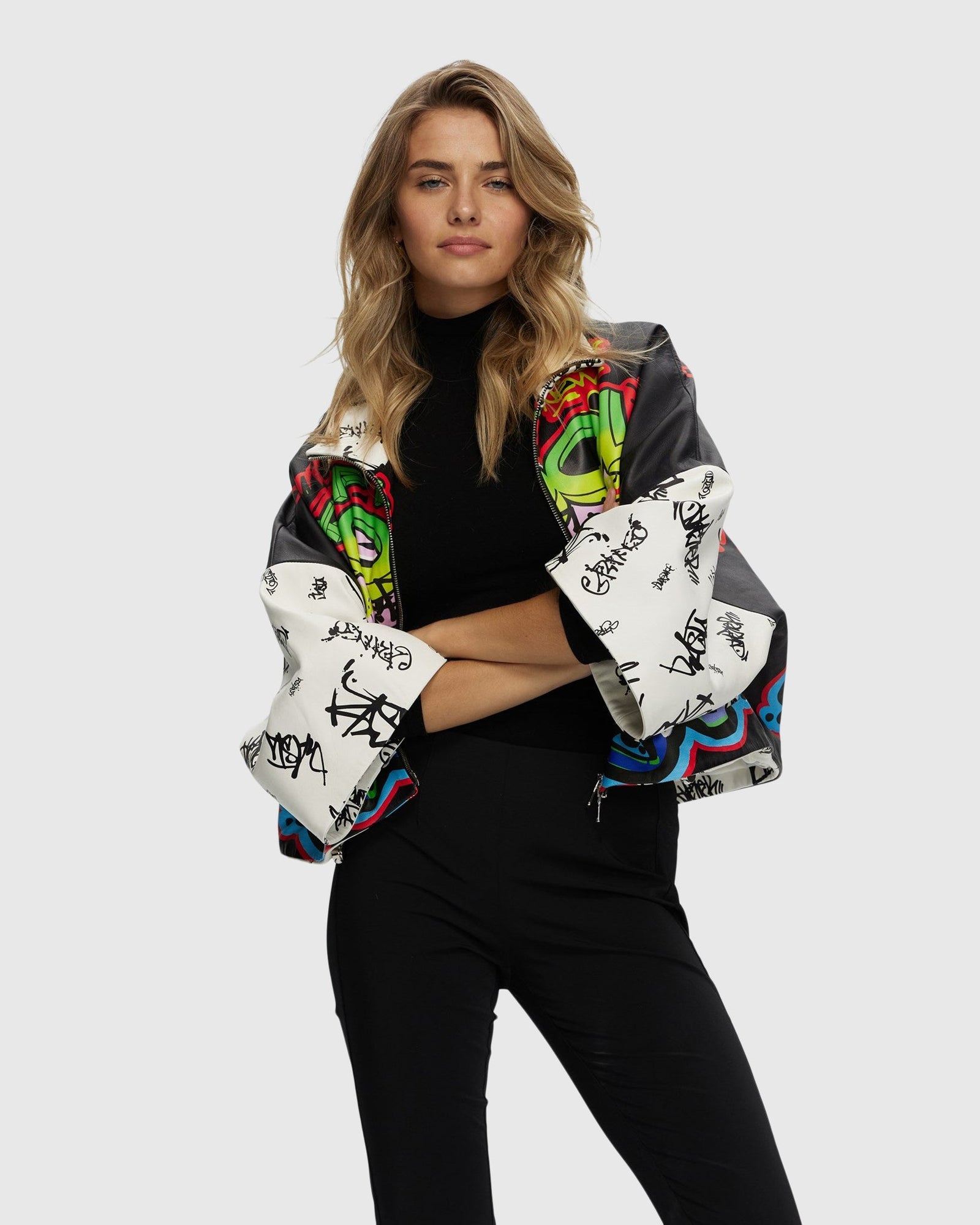 Leather Zip Jacket With Cropped Sleeves | Graffiti Print