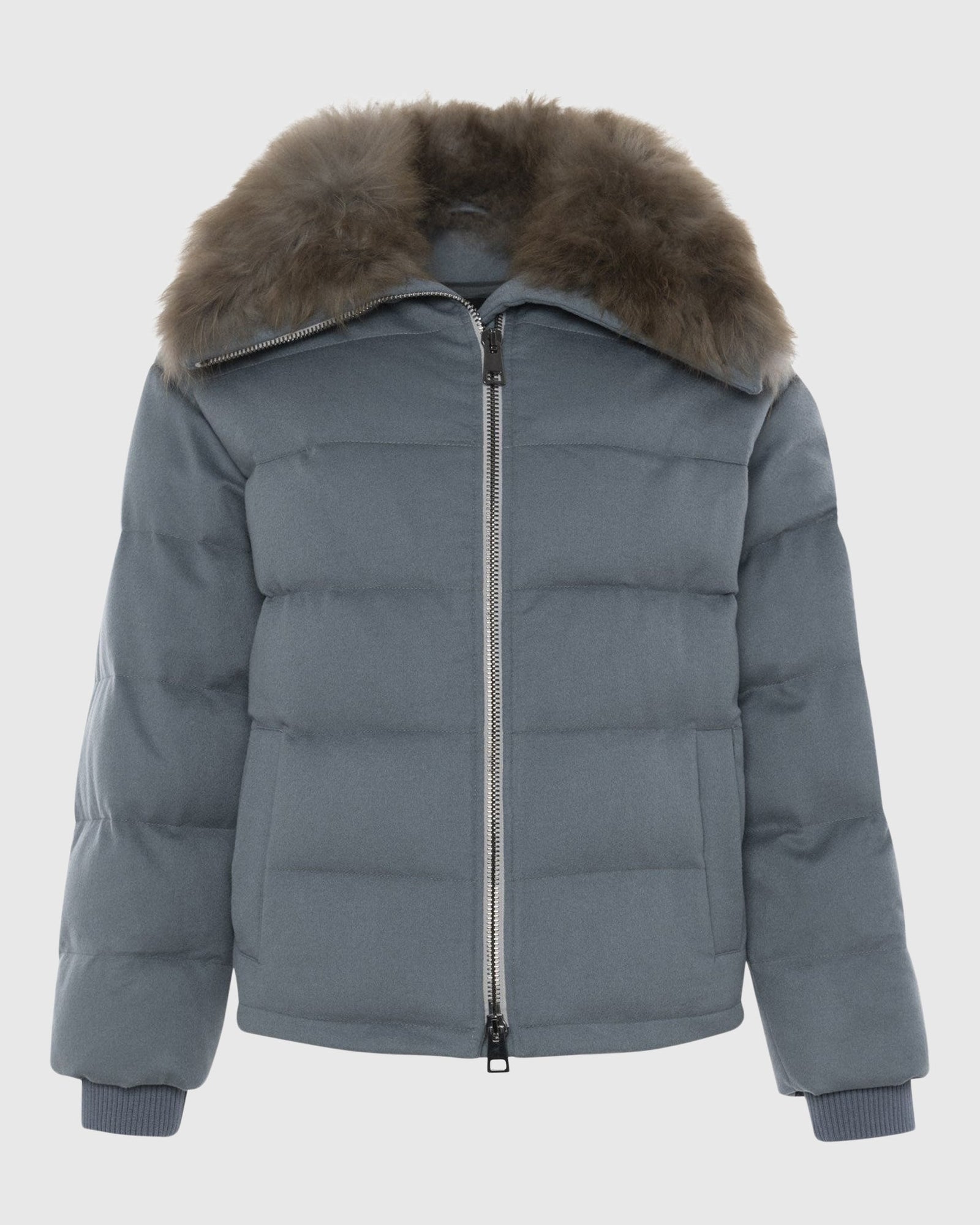Loro Piana Cashmere Down Jacket With Select Cashmere Goat Collar | Dusty Blue/Light Brown