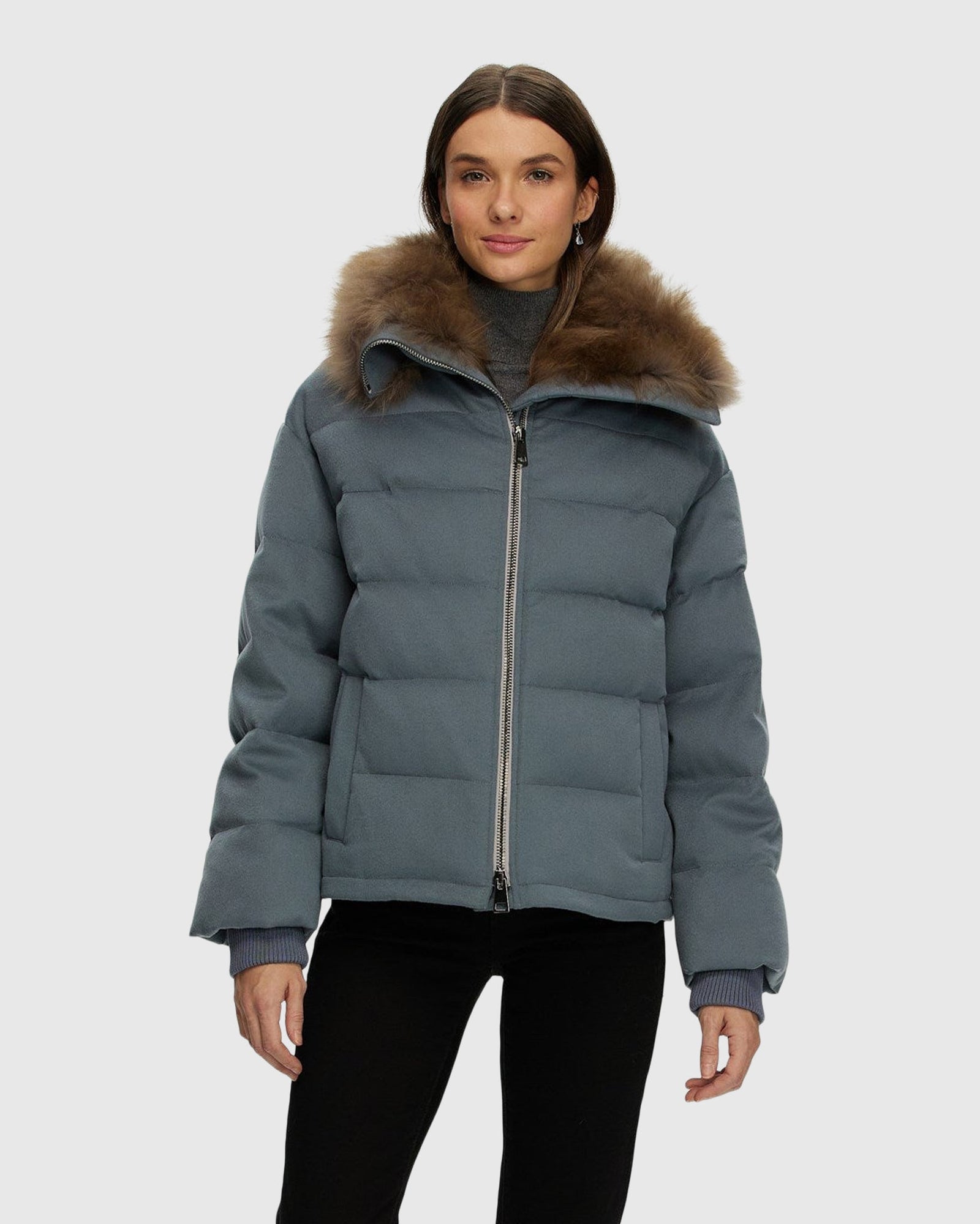 Loro Piana Cashmere Down Jacket With Select Cashmere Goat Collar | Dusty Blue/Light Brown