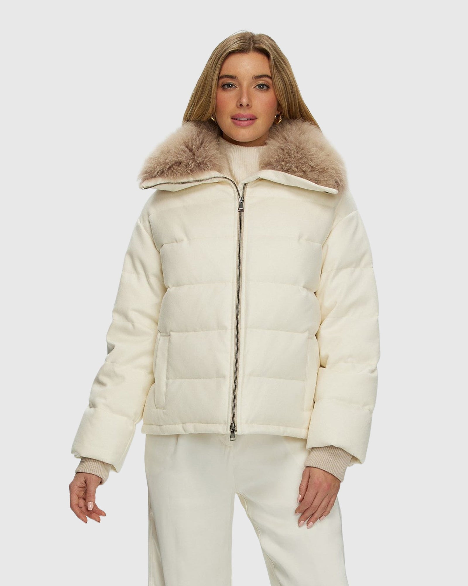 Loro Piana Cashmere Down Jacket With Select Cashmere Goat Collar | Ivory/Taupe