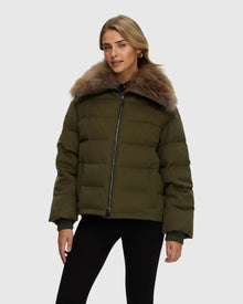 Loro Piana Cashmere Down Jacket With Select Cashmere Goat Collar | Green/Light Brown