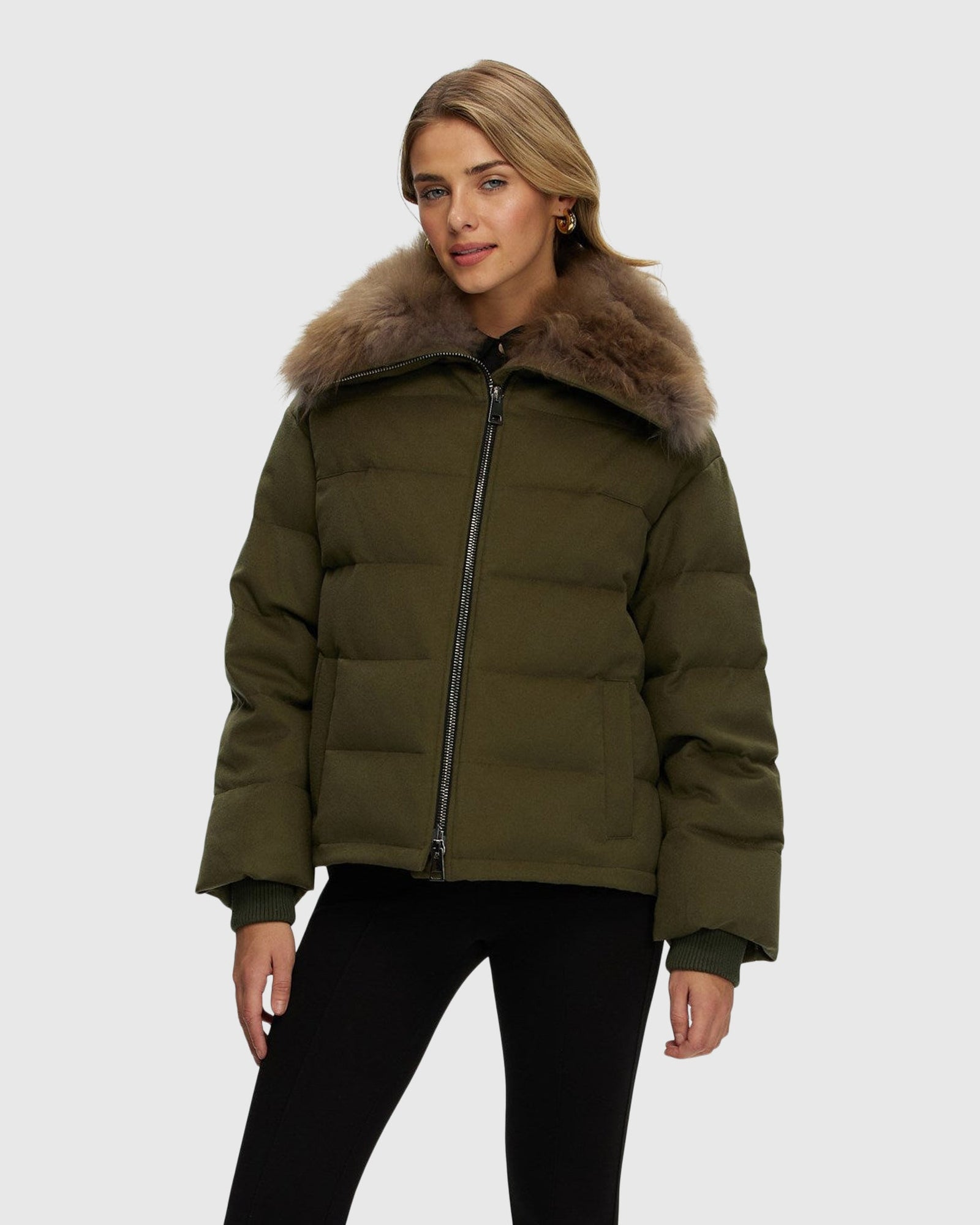 Loro Piana Cashmere Down Jacket With Select Cashmere Goat Collar | Green/Light Brown