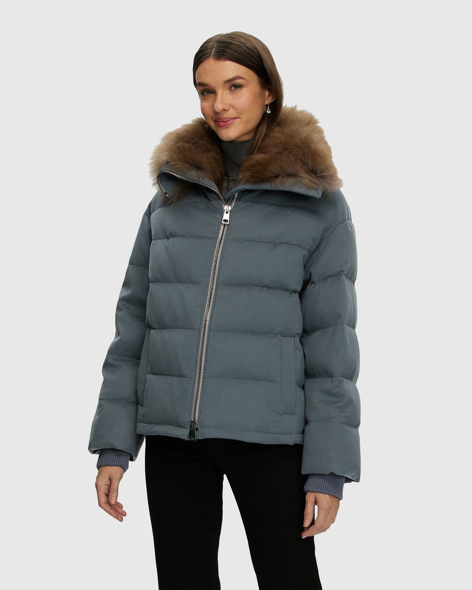 Loro Piana Cashmere Down Jacket With Select Cashmere Goat Collar | Dusty Blue/Light Brown