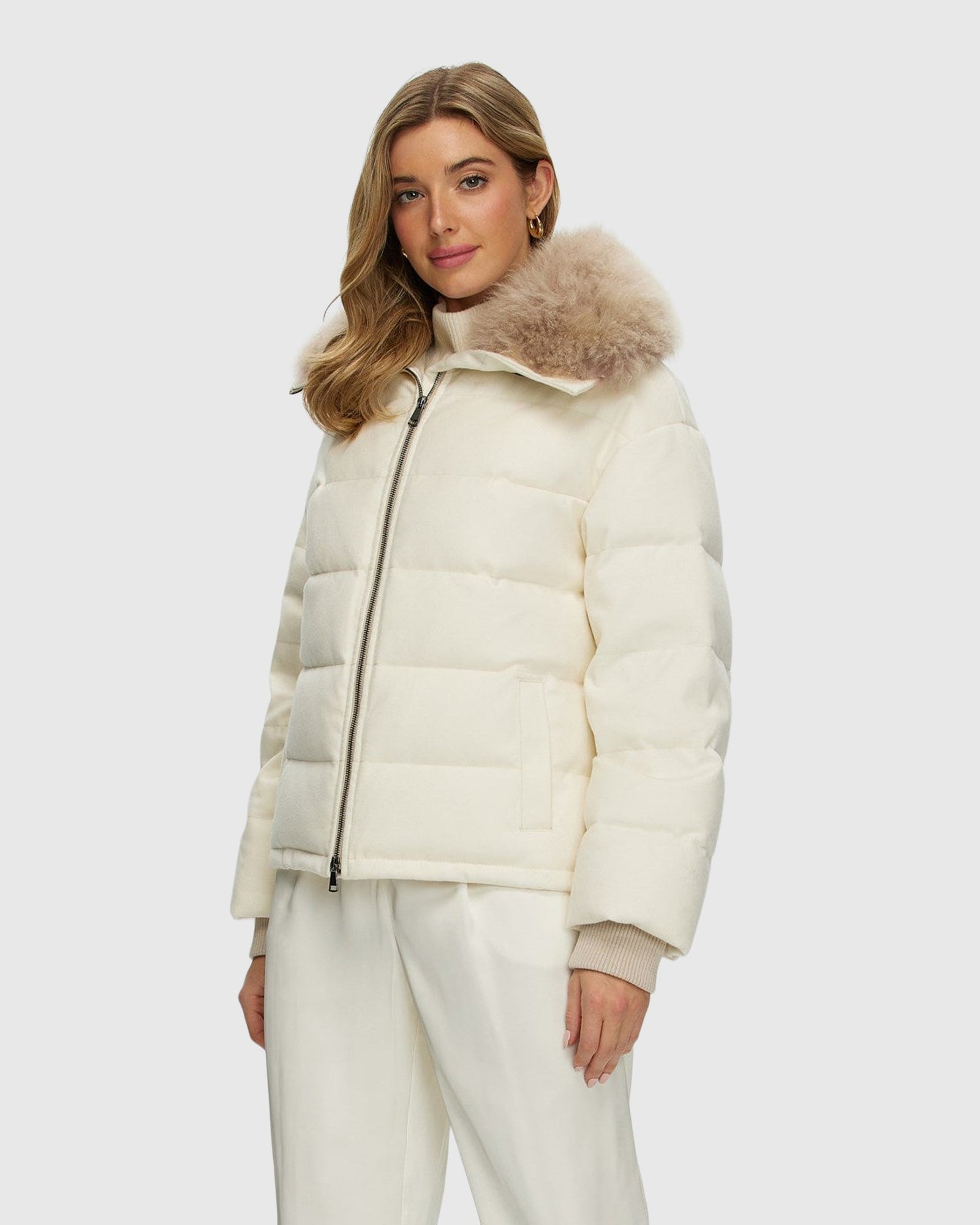 Loro Piana Cashmere Down Jacket With Select Cashmere Goat Collar | Ivory/Taupe