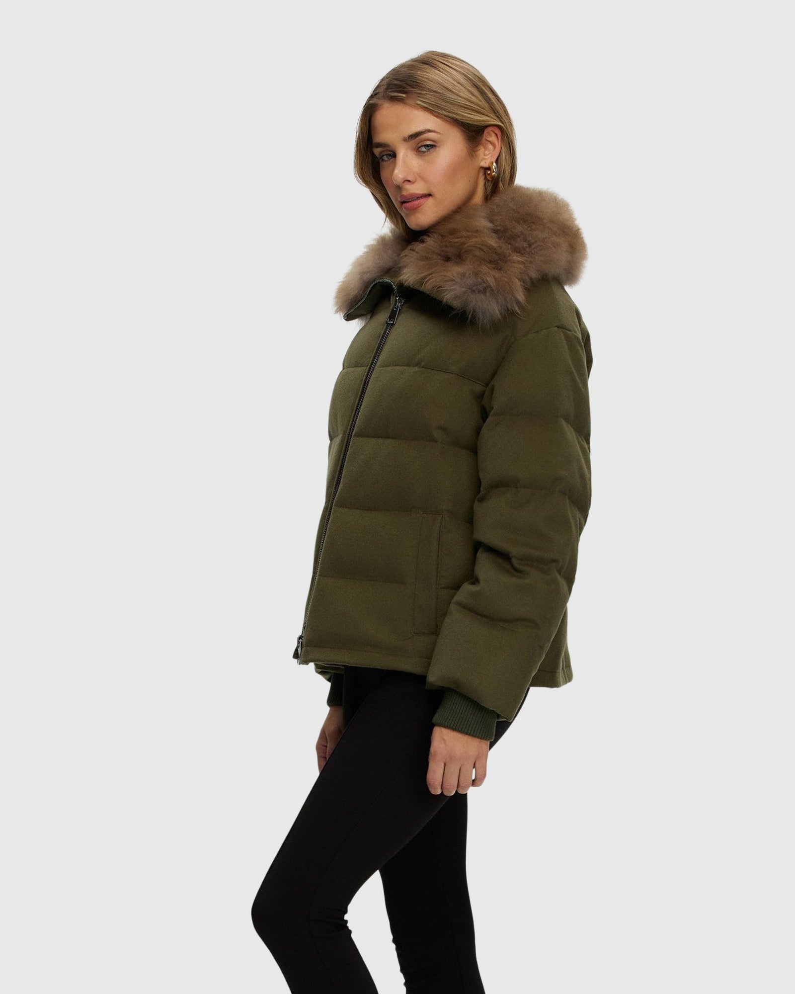 Loro Piana Cashmere Down Jacket With Select Cashmere Goat Collar | Green/Light Brown