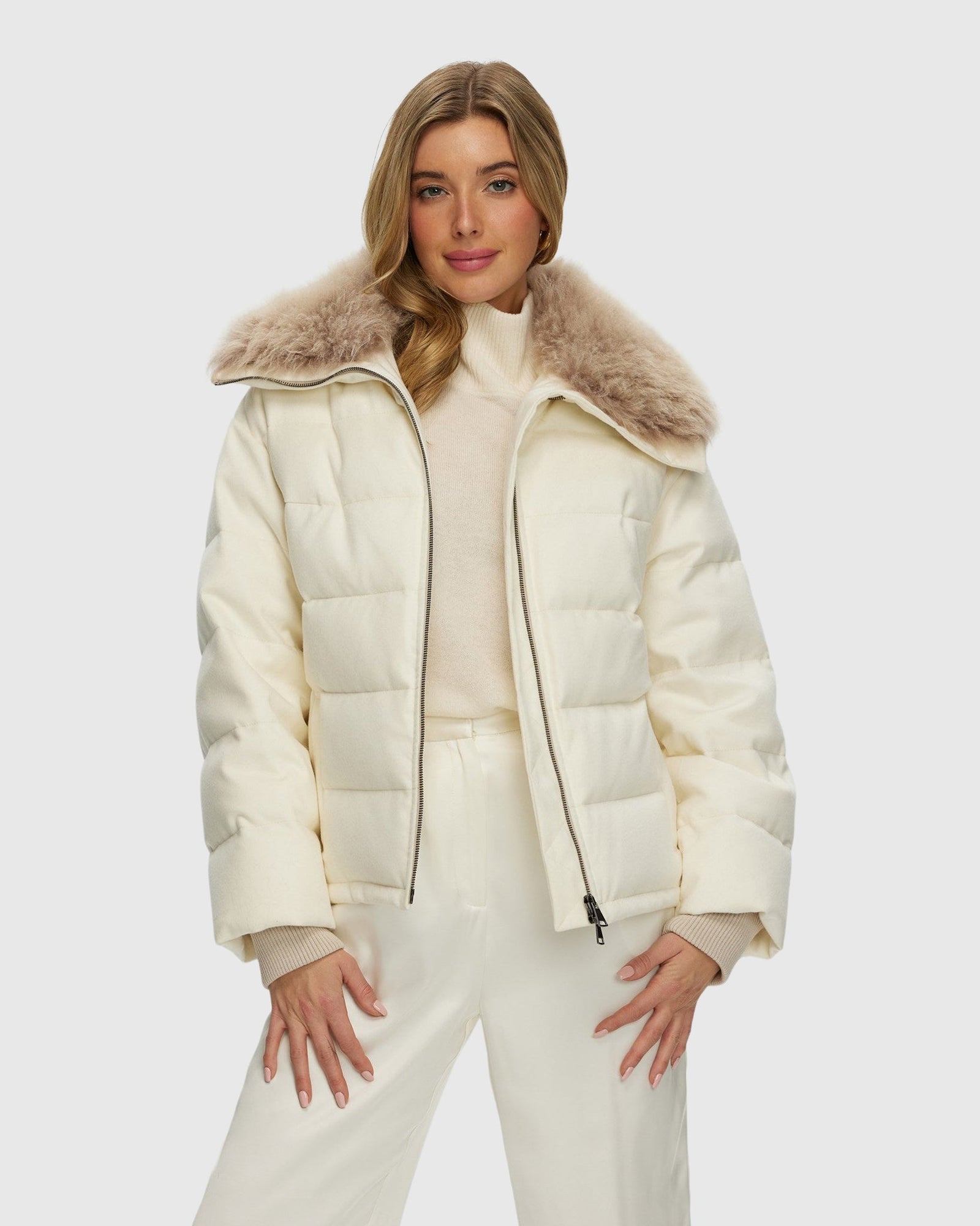 Loro Piana Cashmere Down Jacket With Select Cashmere Goat Collar | Ivory/Taupe